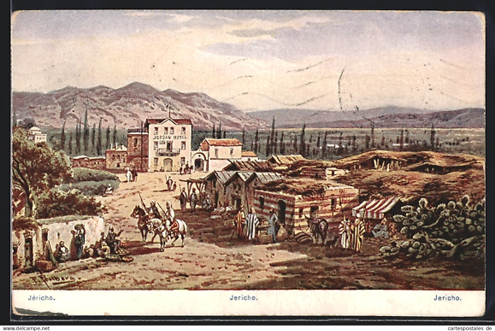 Künstler-AK F.Perlberg: Jericho, Ortspartie Mit Jordan-Hotel  - Perlberg, F.