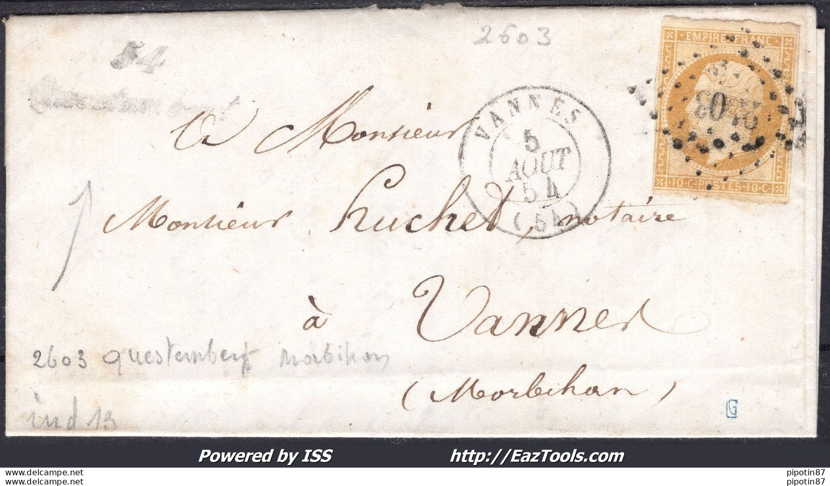 FRANCE N°13A SUR LETTRE PC 2603 QUESTEMBERT MORBIHAN + CURSIVE + CAD DE VANNES DU 05/08/1854 - 1853-1860 Napoleone III