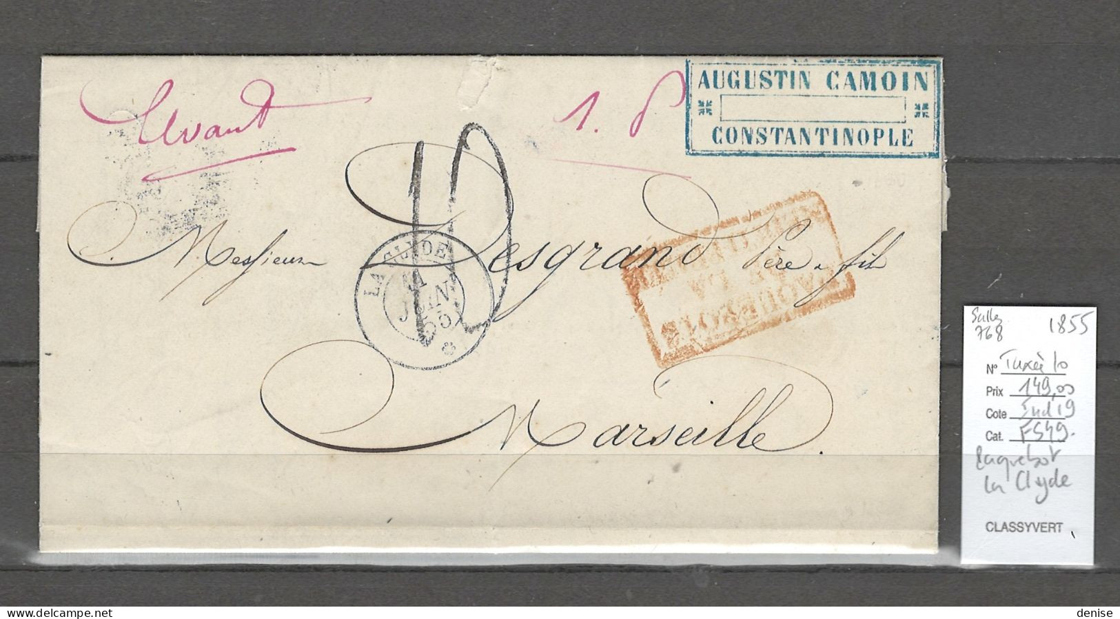 France -Lettre Du Paquebot De La Méditerranée  LA CLYDE - 1858 - Constantinople Pour Marseille - Schiffspost