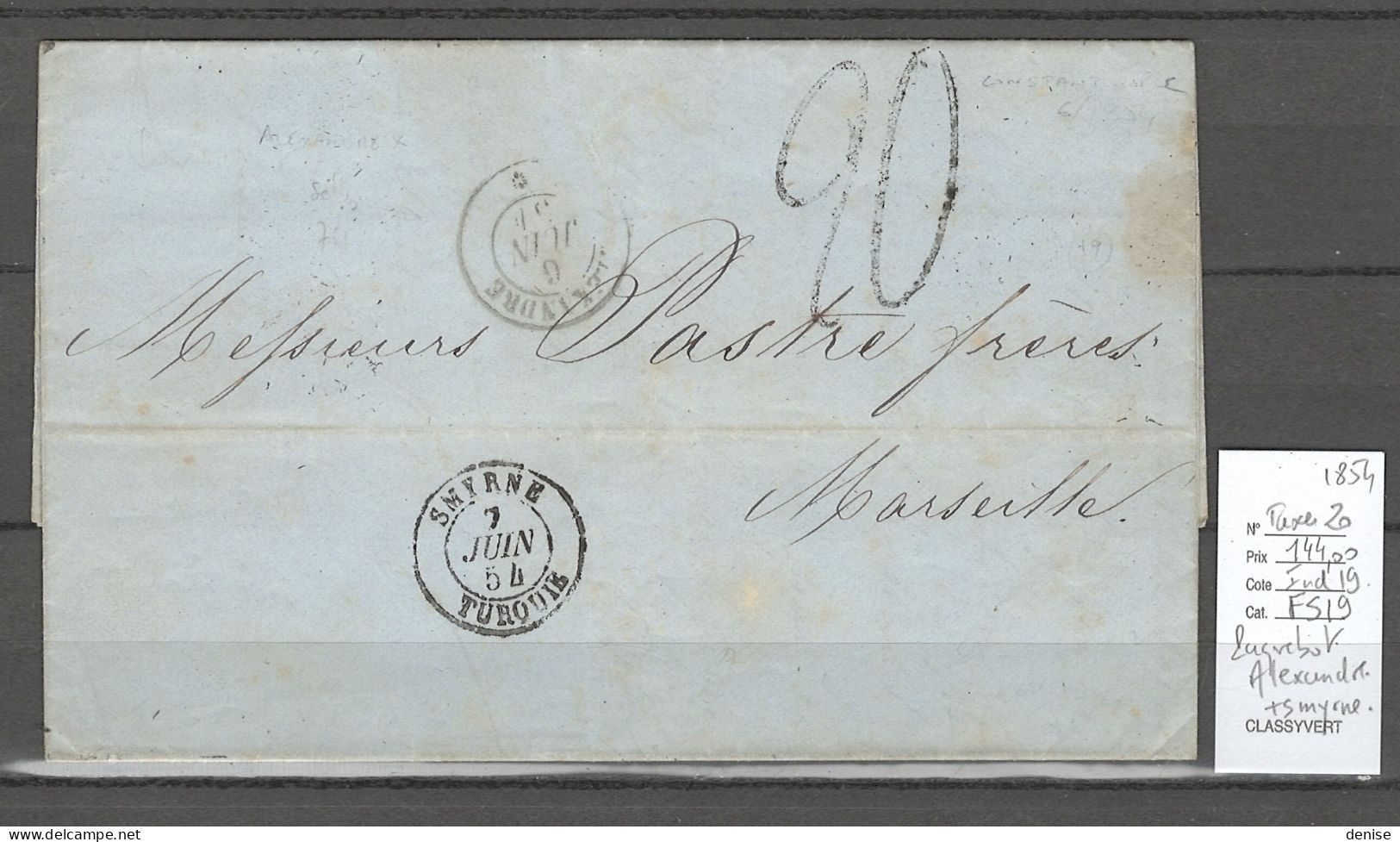 France -Lettre Du Paquebot De La Méditerranée  ALEXANDRE -   Smyrne - 1854 - - Schiffspost