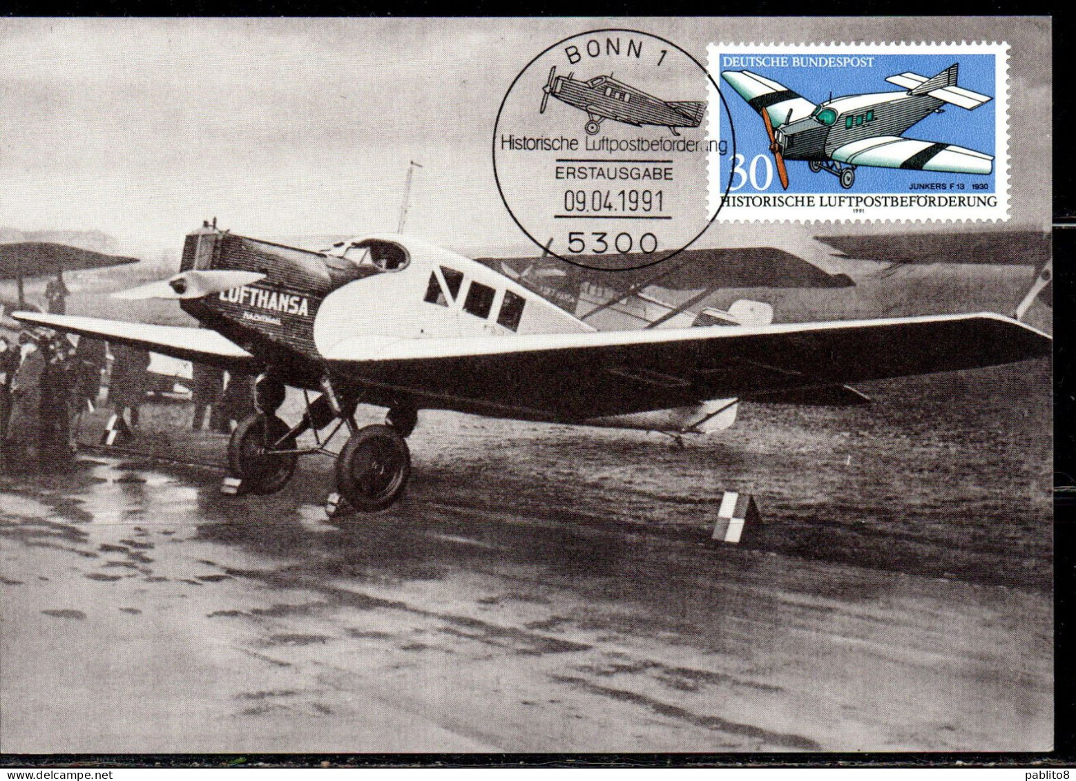 GERMANY GERMANIA ALLEMAGNE 1991 HISTORIC AIRCRAFT 1930 JUNKERS F13 30pf  MAXI MAXIMUM CARD CARTE - 1981-2000