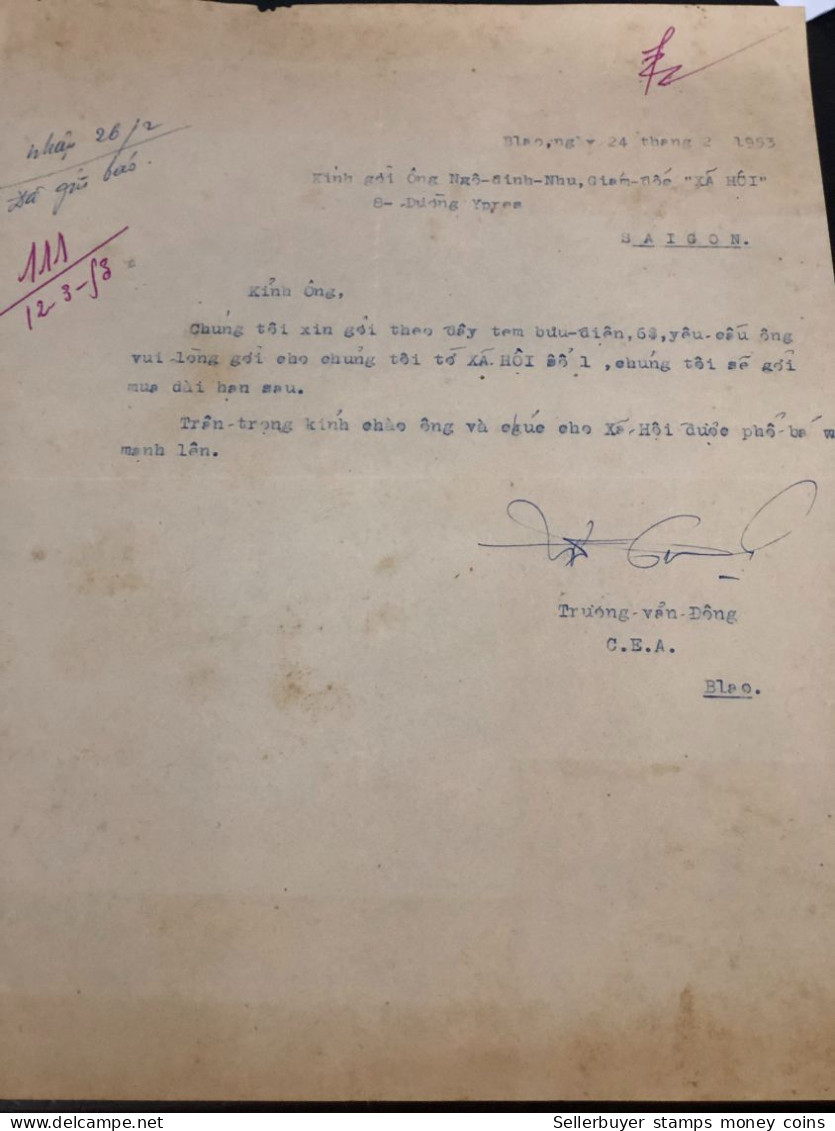 South Vietnam Letter-sent Mr Ngo Dinh Nhu -year-12/3/1953 No-111- 1 Pcs Paper Very Rare - Historische Dokumente