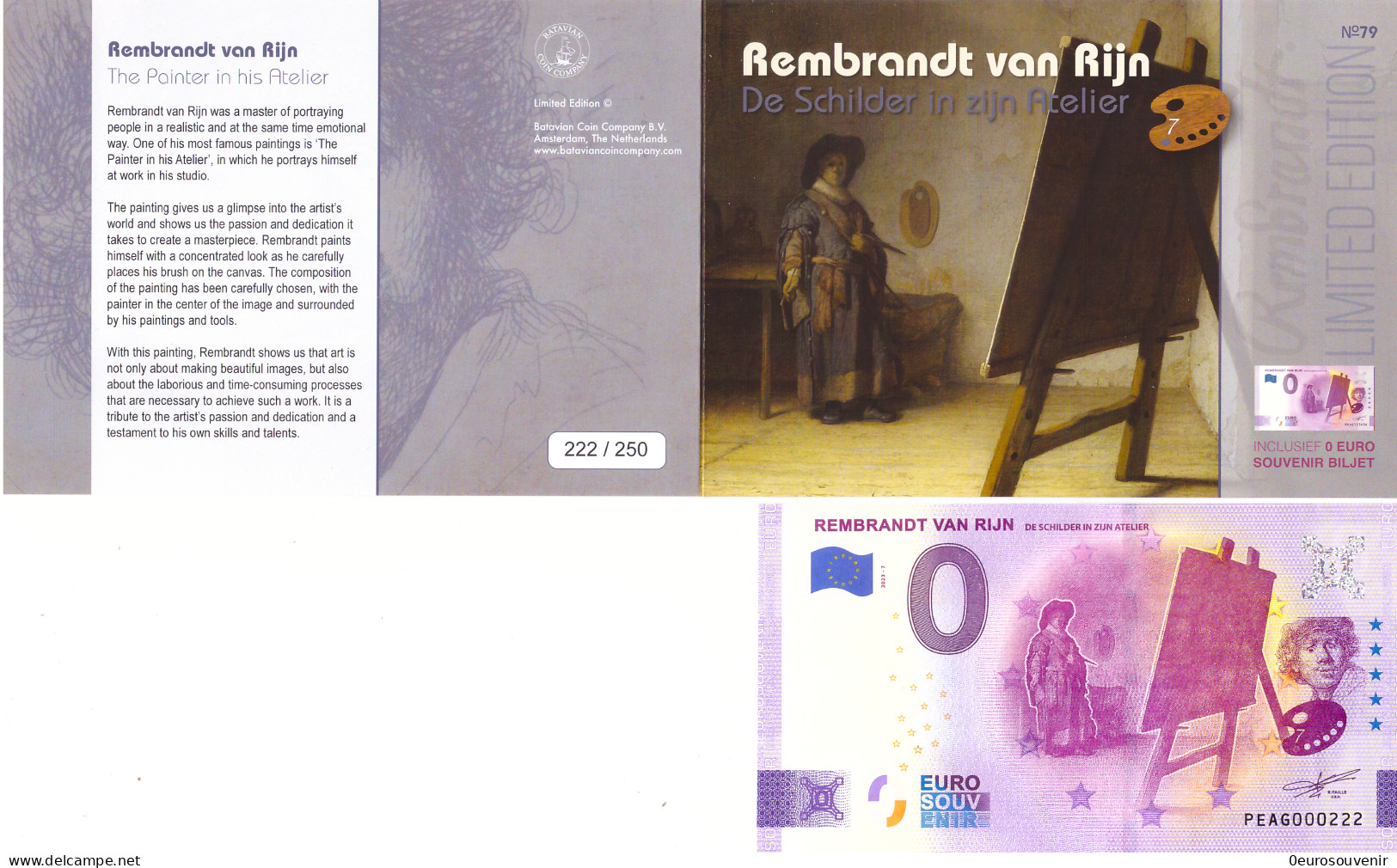 0-Euro PEAG 2023-7 REMBRANDT VAN RIJN - DE SCHILDER IN ZIJN ATELIER First Issue Pack No. Nur Bis #250 ! - Essais Privés / Non-officiels