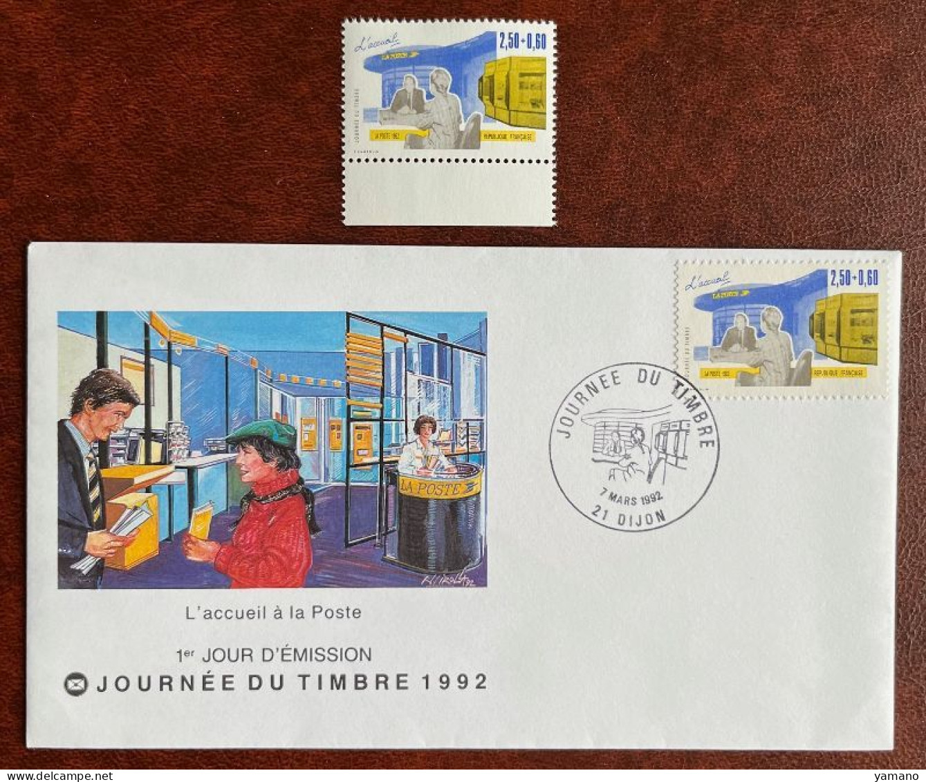 FRANCE 1992 -  Enveloppe  Premier Jour Et Timbre Neuf  " L'accueil à La Poste"  -  Journée Du Timbre Dijon - 1961-....
