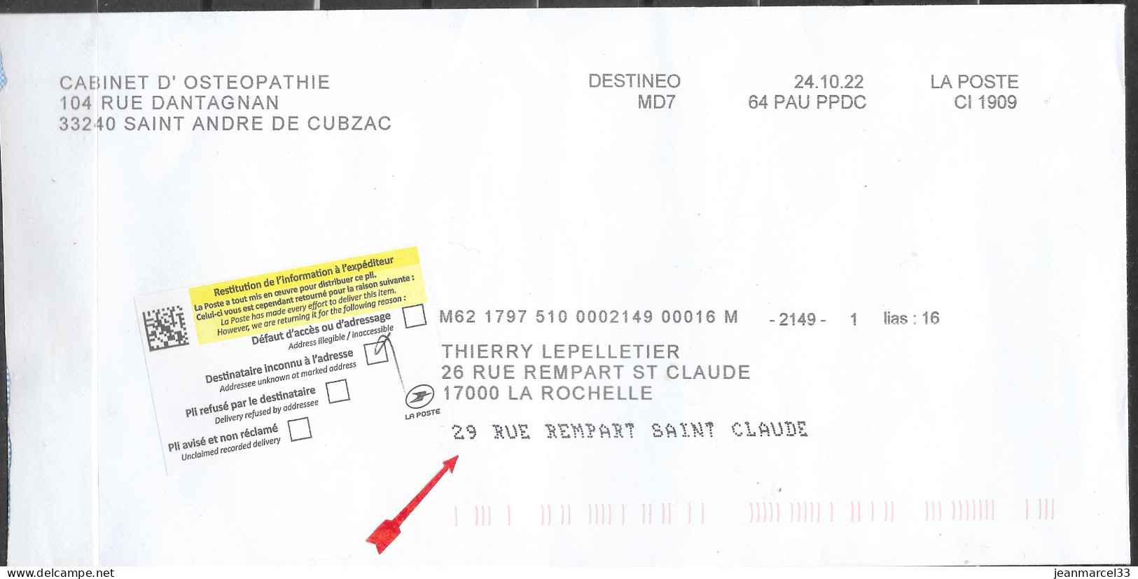 NPAI étiquette REFLEX  Marque TABOU " 29 RUE REMPART SAINT CLAUDE " Modification De L'adresse, Sans Le Code Facteur - Andere & Zonder Classificatie