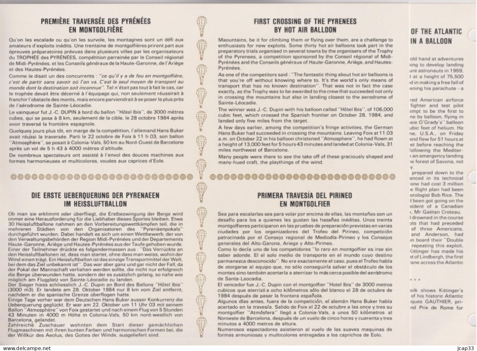 PHILATELIE  -  FEUILLET SPECIAL HISTORIQUE DEUX PREMIERES MONDIALES EN BALLONS  -  1984  -  Tirage Limité 10.000 Ex  - - Documents Of Postal Services