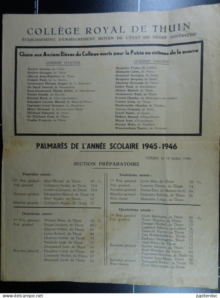 Collège Royal De Thuin Palmarès De L'Année Scolaire 1945-1946 (liste Des Anciens élèves Morts à La Guerre) - Diplômes & Bulletins Scolaires