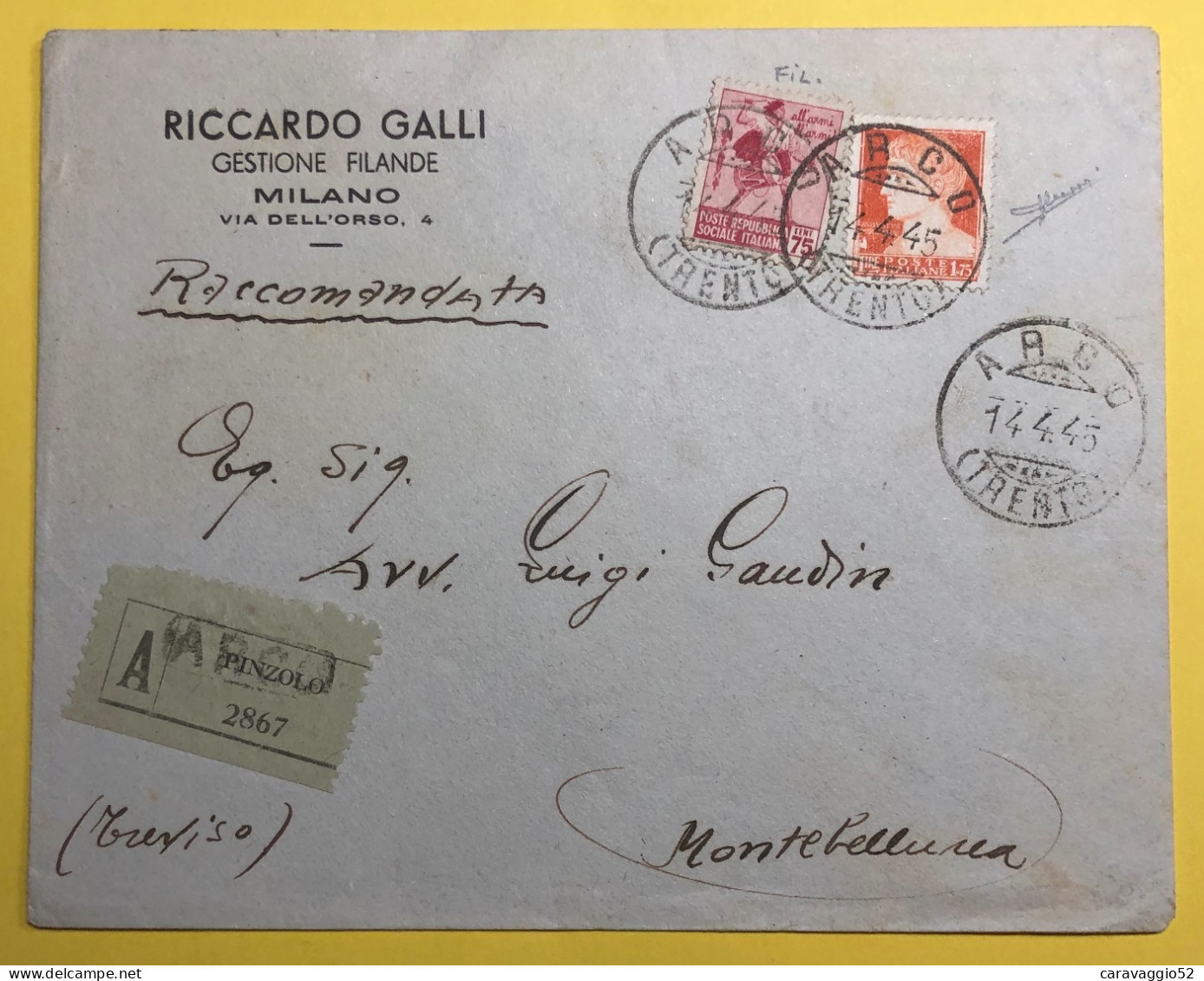 1945  ARCO  RACCOMANDATA  MISTA  X MONTEBELLUNA - Marcophilie