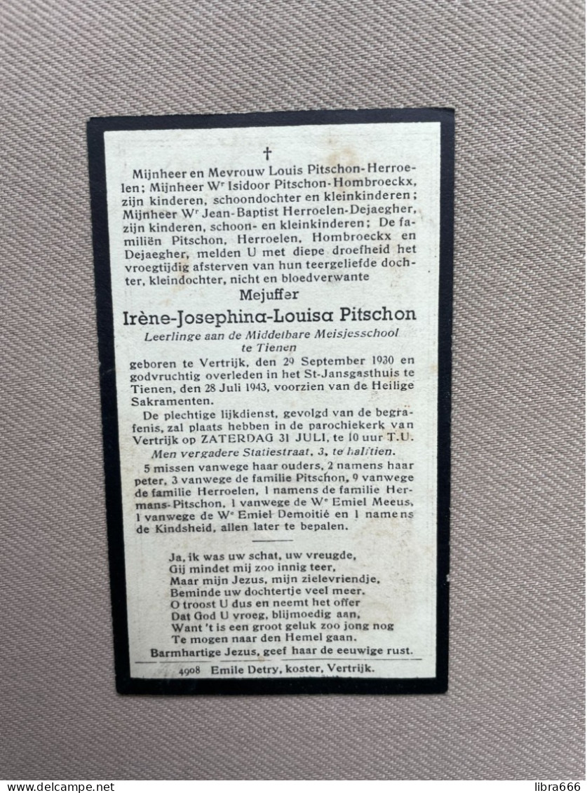 PITSCHON Irène Josephina Louisa °VERTRIJK 1930 +TIENEN 1943 - HERROELEN - HOMBROECKX - DEJAEGHER - HERMANS - DEMOITIÉ - Décès