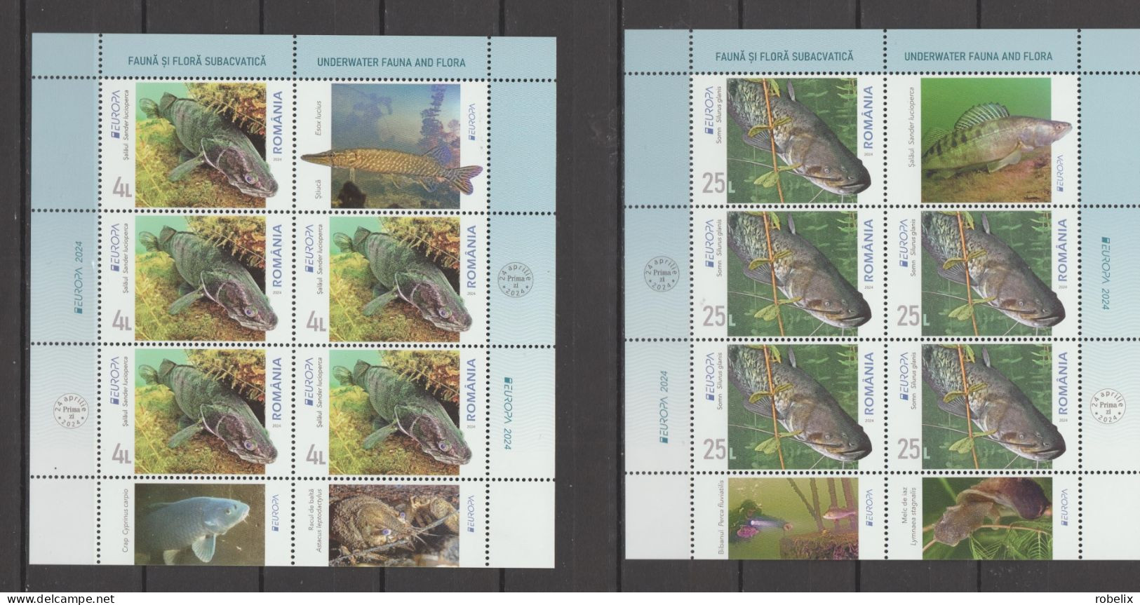 ROMANIA 2024 - Europa CEPT - Underwater Fauna & Flora - FISH- Set Of 2 Minisheets Of 5 Stamps + 1 Label + 2 Tabs MNH** - 2024