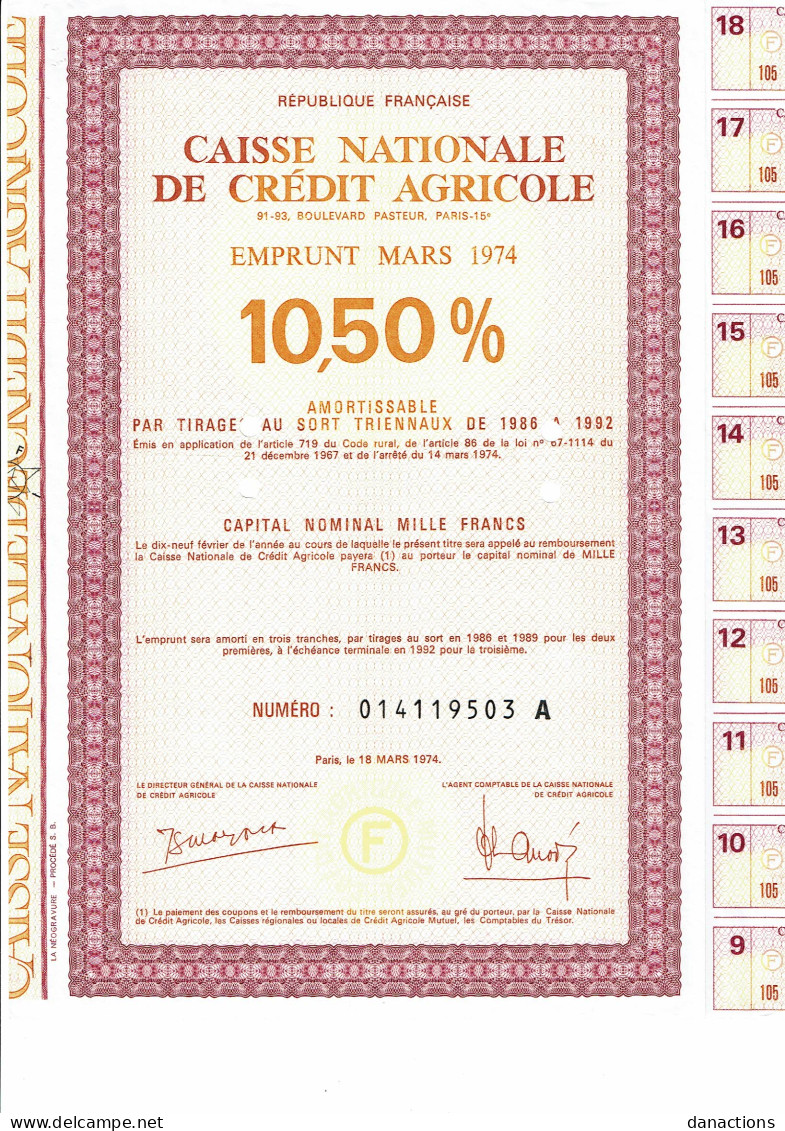 75-CAISSE NATIONALE DE CREDIT AGRICOLE.  1974  10,5 %    Lot De 2 - Altri & Non Classificati