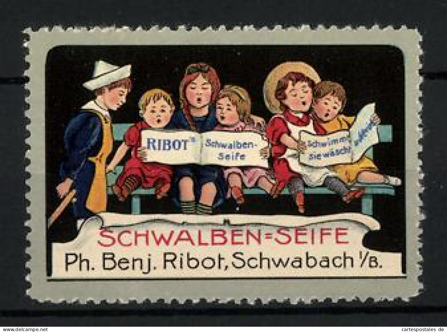 Reklamemarke Schwalben-Seife - Schwimmt, Wäscht Und Bleicht, Ph. Benj. Ribot, Schwabach, Singende Kinder  - Cinderellas