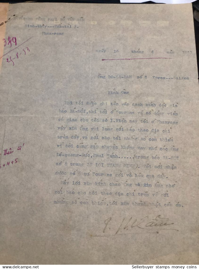 South Vietnam Letter-sent Mr Ngo Dinh Nhu -year-25/8/1953 No-349- 1 Pcs Paper Very Rare - Historical Documents