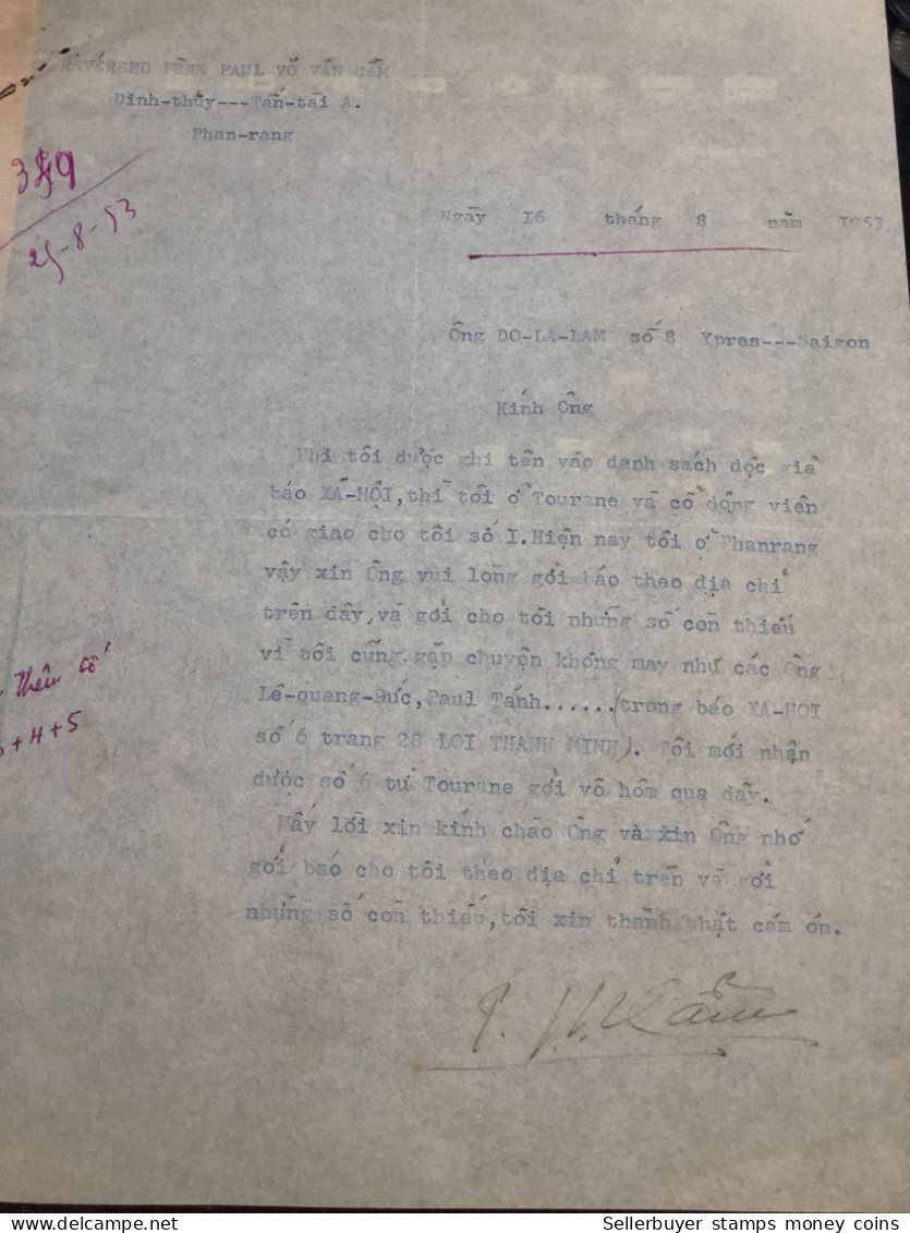 South Vietnam Letter-sent Mr Ngo Dinh Nhu -year-25/8/1953 No-349- 1 Pcs Paper Very Rare - Historische Dokumente