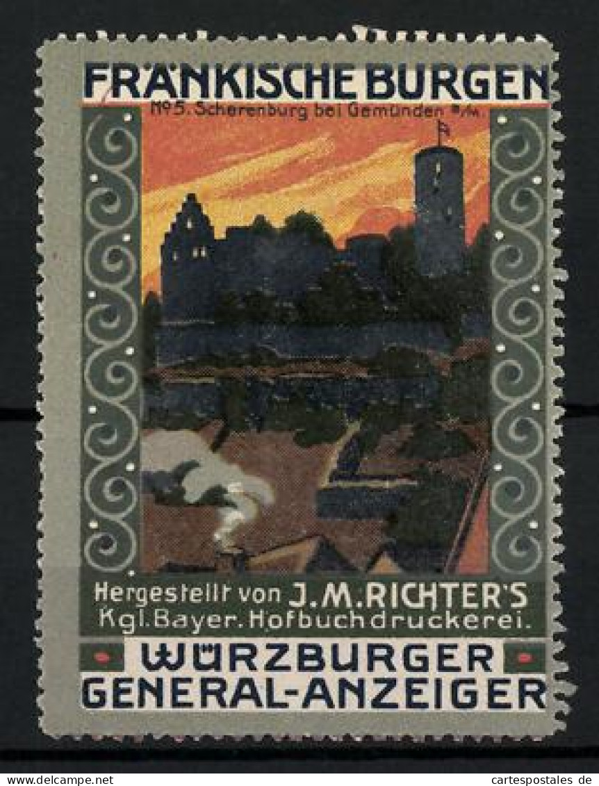 Reklamemarke Gemünden A. M., Scherenburg, Serie: Fränkische Burgen, Bild 5, Hofbuchdruckerei J. M. Richter  - Cinderellas