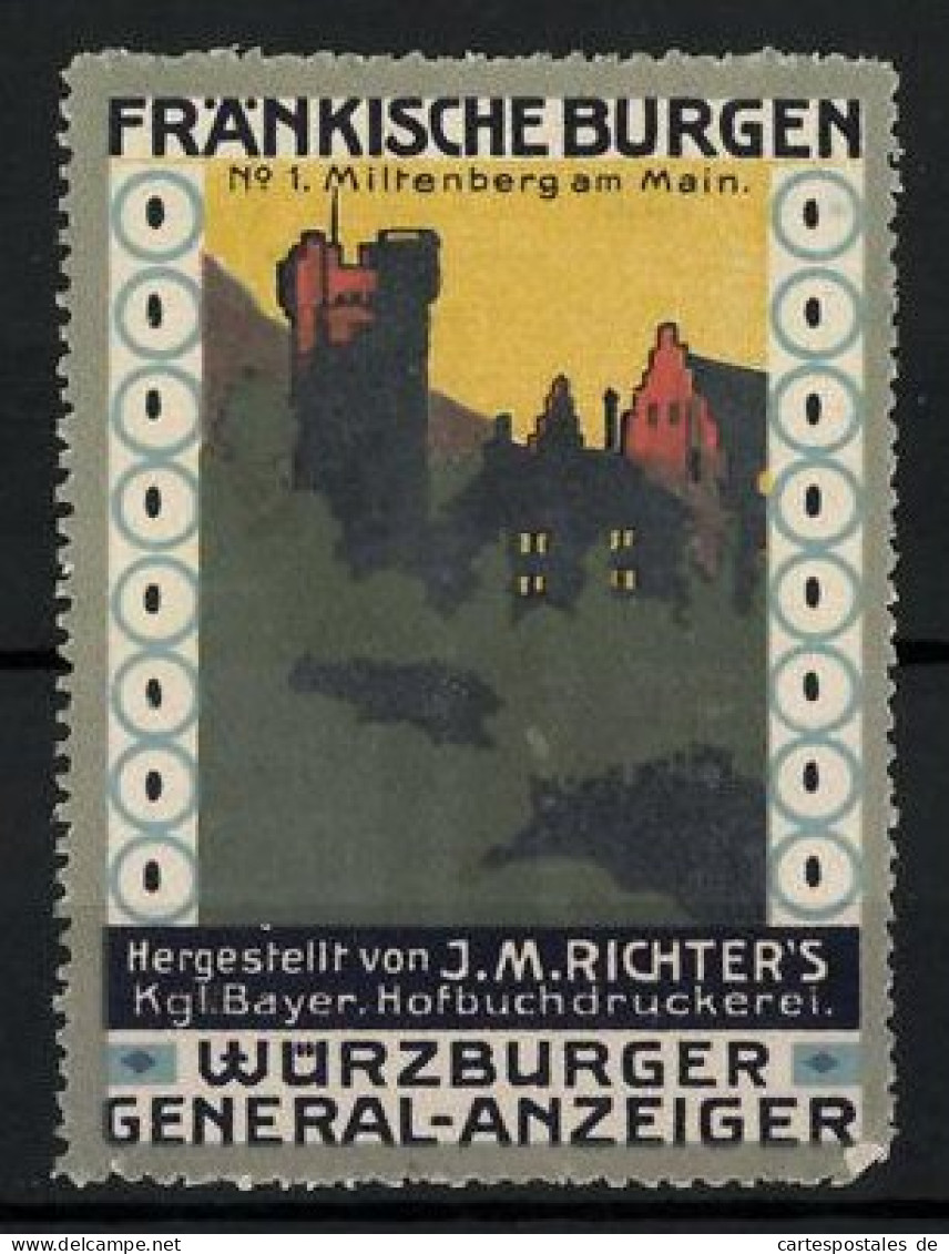 Reklamemarke Miltenberg A. Main, Burg, Serie: Fränkische Burgen, Bild 1, Hofbuchdruckerei J. M. Richter  - Vignetten (Erinnophilie)