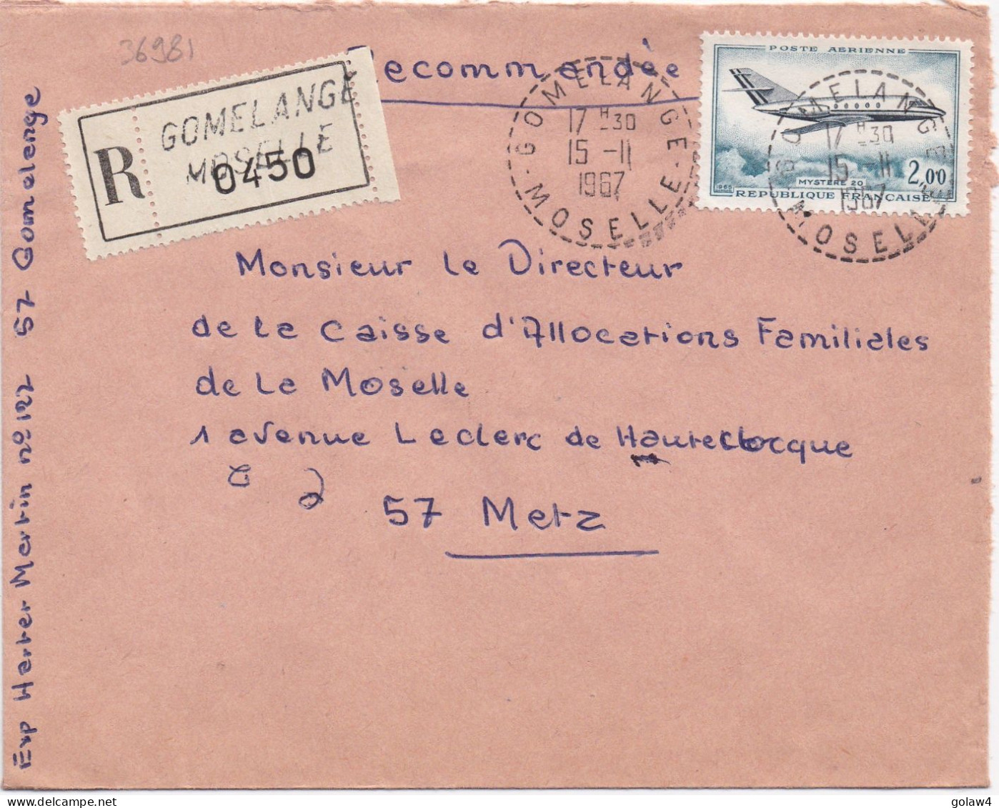 36981# LETTRE FRANCHISE PARTIELLE RECOMMANDE Obl GOMELANGE MOSELLE 1967 Pour METZ 57 - Cartas & Documentos