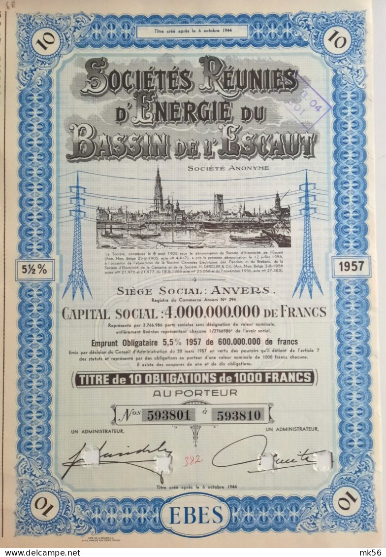 Société Réunies De L"Energie Du Bassin De L'Escaut - Anvers - Obligation 1957 5,5 % - Elettricità & Gas