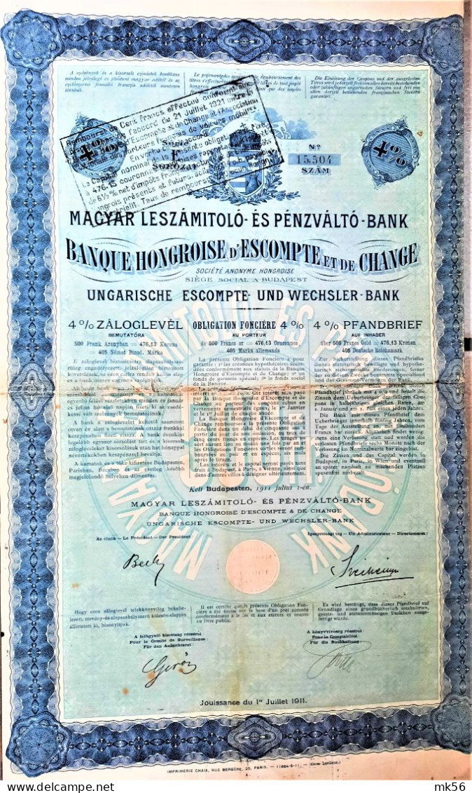 Ungarische Escompte- Und Wechsler-Bank  - 4 % Pfandbrief - Budapest 1911 - Banco & Caja De Ahorros