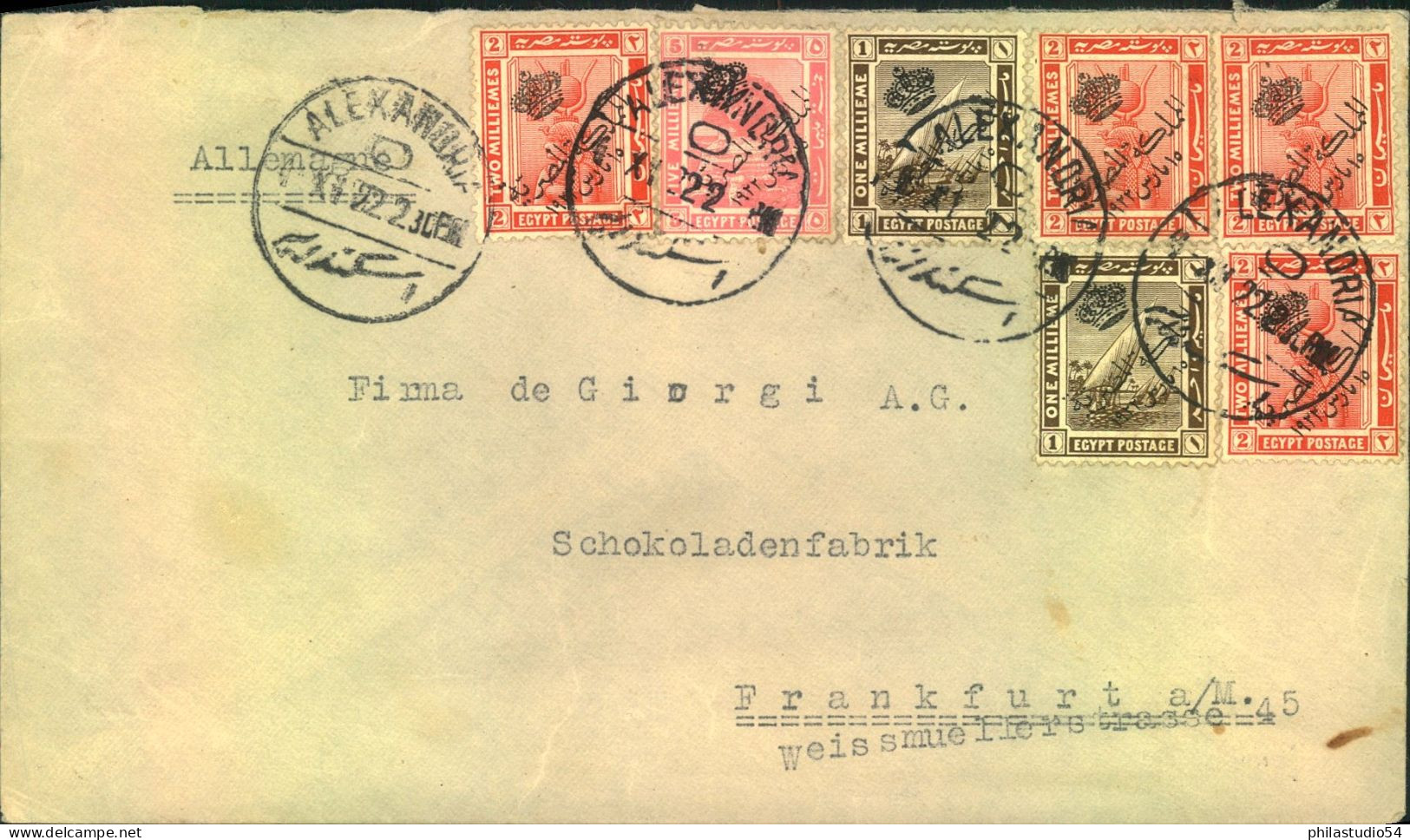 1922, Envelope From ALEXANDRIA With 6 Overprinted Stamüs - Brieven En Documenten
