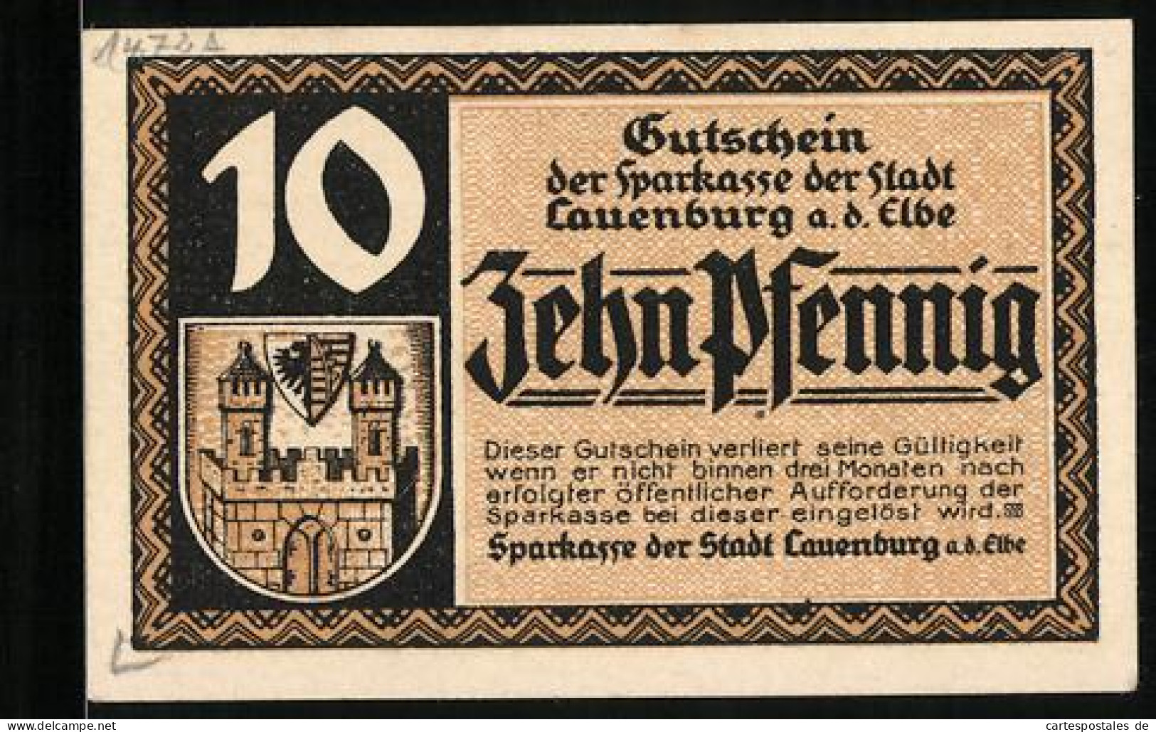 Notgeld Lauenburg A. D. Elbe, 10 Pfennig, Stadtwappen, Stadtpanorama  - Lokale Ausgaben