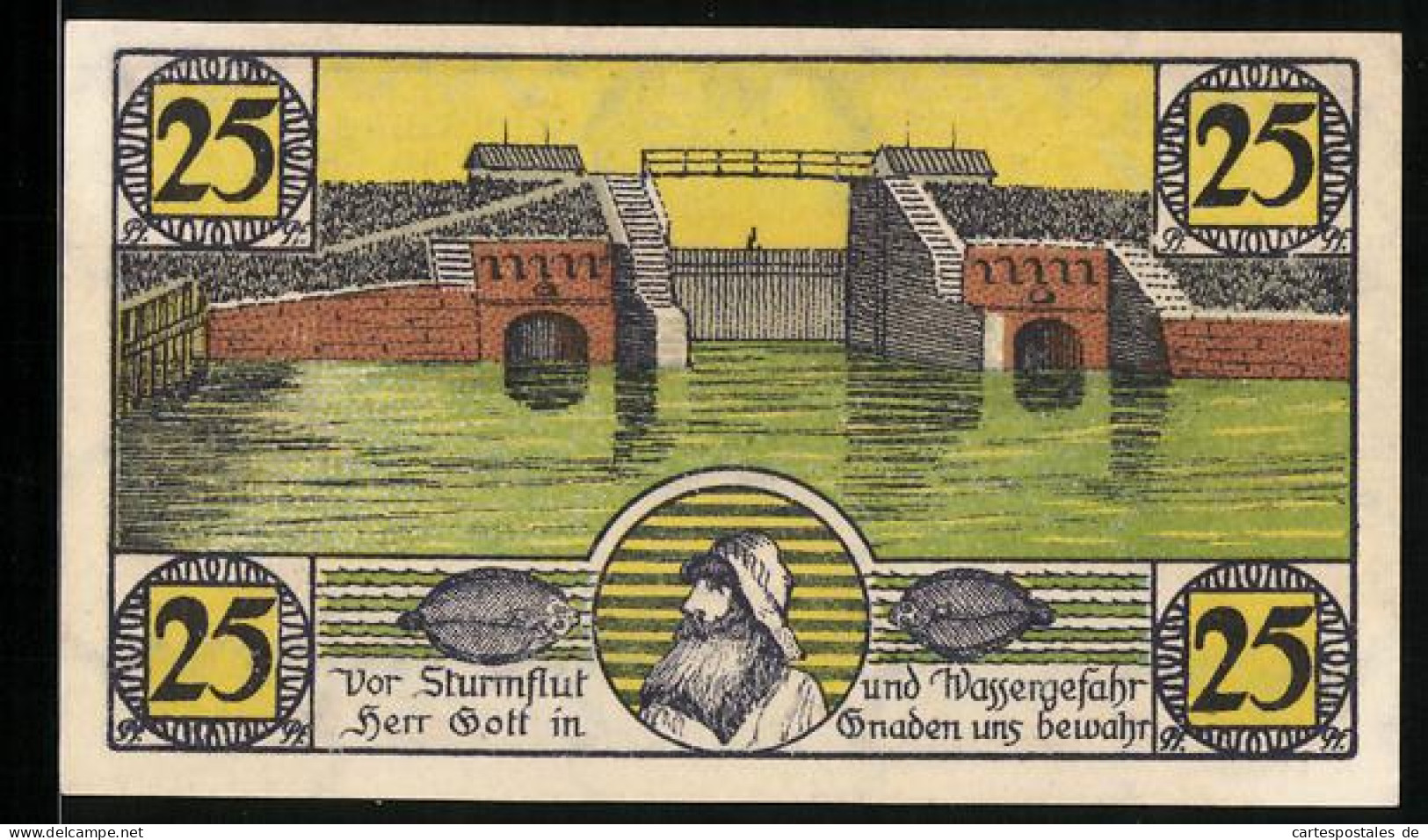 Notgeld Hoyer 1920, 25 Pfennig, Stadtwappen, Staudamm, Portrait Eines Fischers  - Danimarca