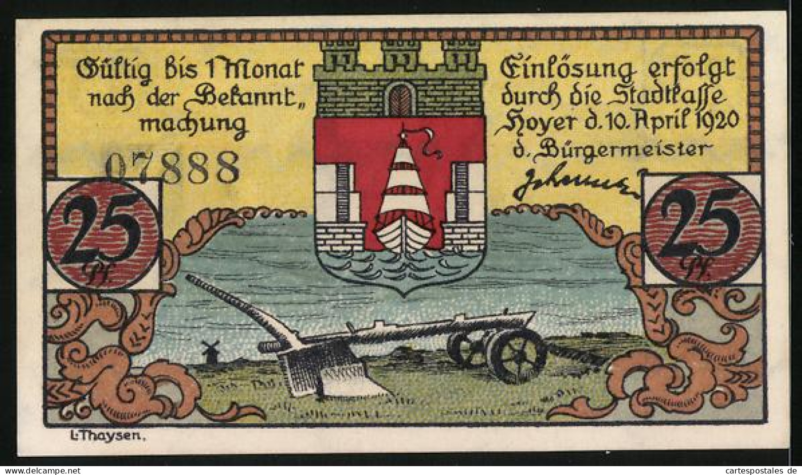 Notgeld Hoyer 1920, 25 Pfennig, Stadtwappen, Staudamm, Portrait Eines Fischers  - Dänemark