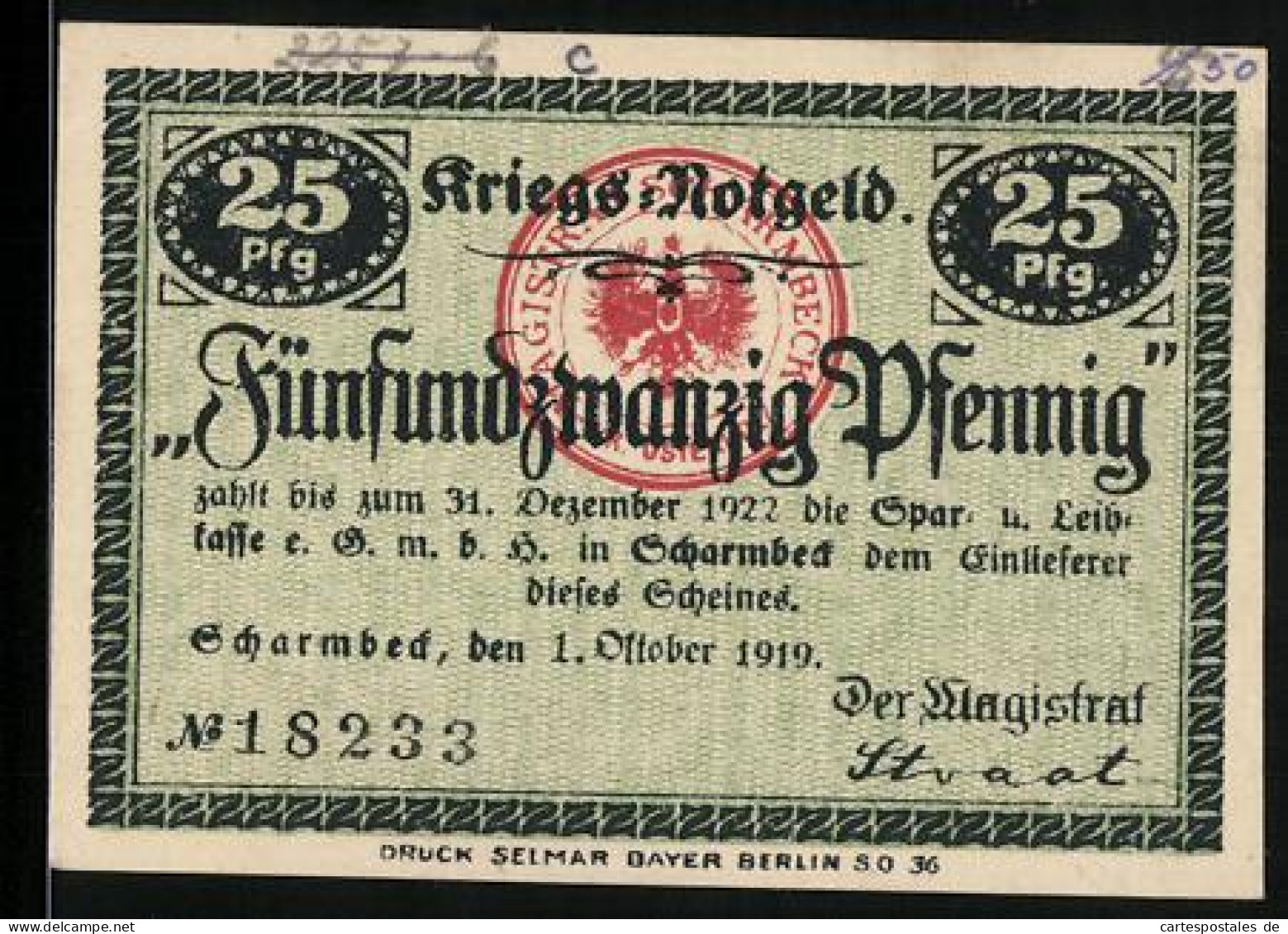 Notgeld Scharmbeck 1919, 25 Pfennig, Wappen Magistrat Scharmbeck Kreis Osterholz  - [11] Local Banknote Issues