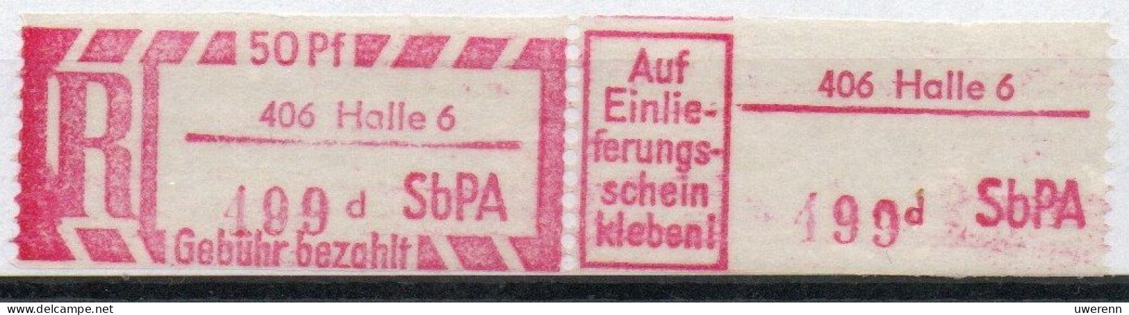 DDR Einschreibemarke Halle SbPA Postfrisch, EM2B-406-6dII(1) PU+ Zh (Mi 2C) - R-Zettel