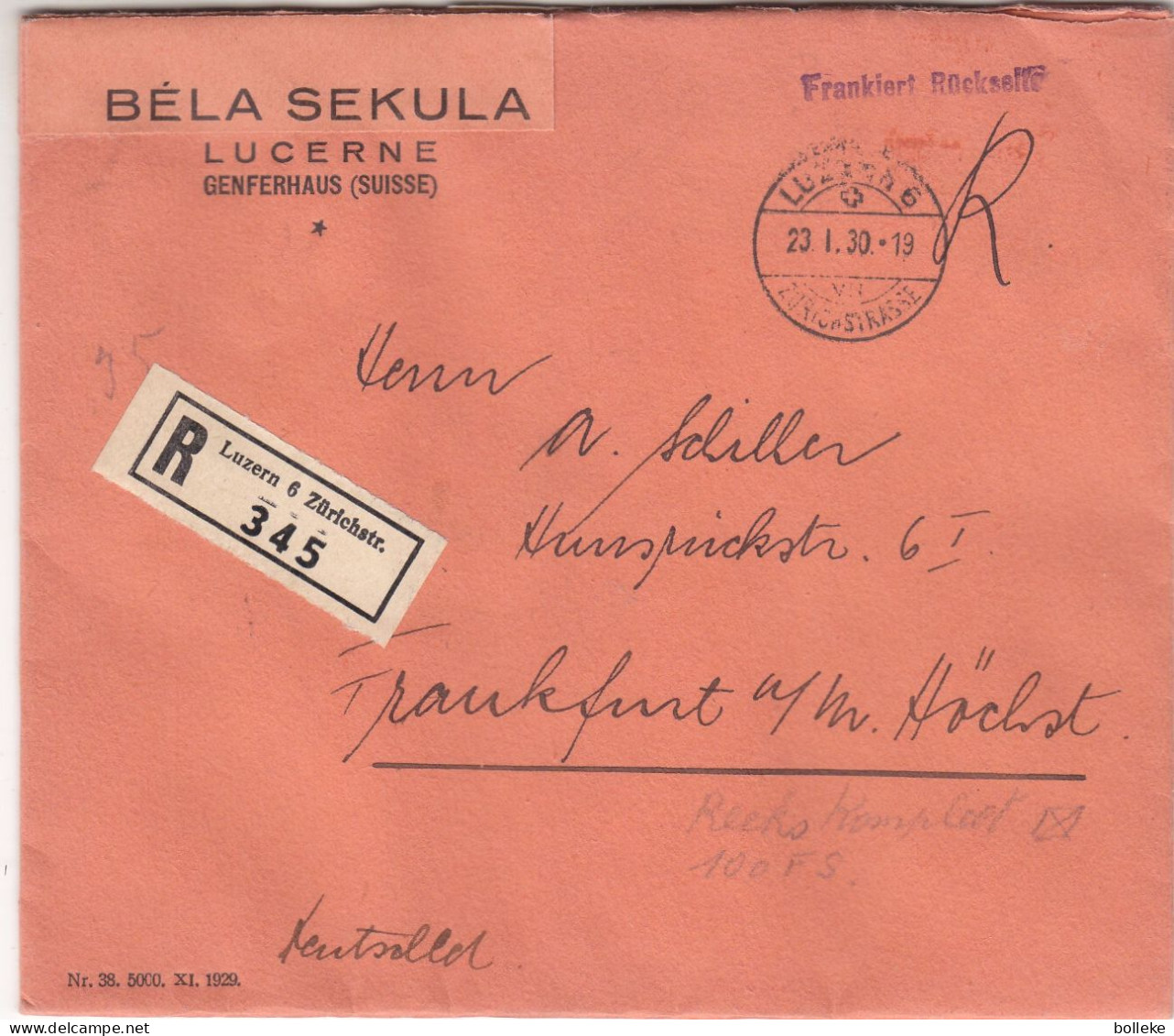 Suisse - Lettre Recom De 1930 - GF - Oblit Luzern - Exp Vers Frankfurt - Variété Lignes à Gauche De L'arbre-valeur 150 € - Covers & Documents