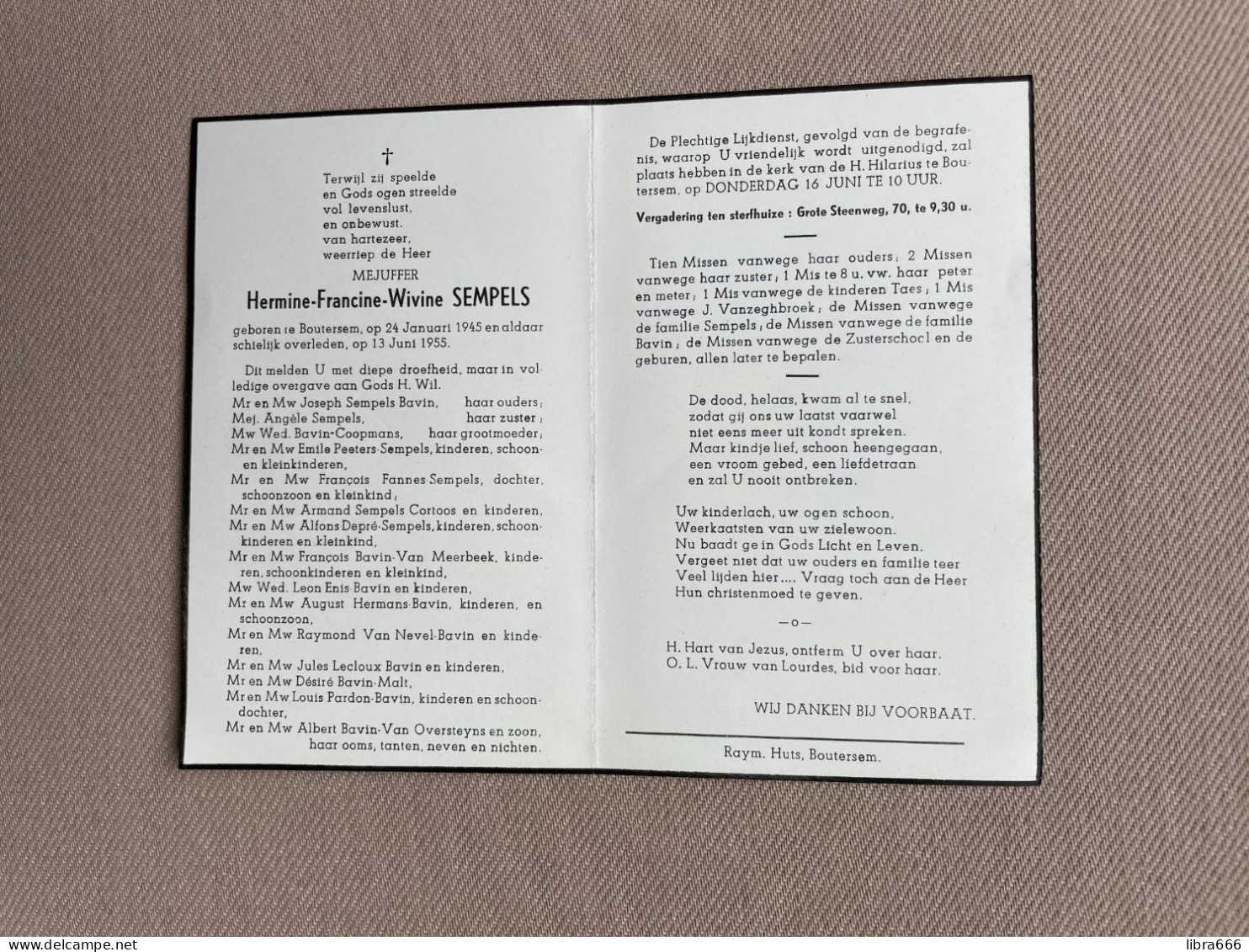 SEMPELS Hermine Francine Wivine °BOUTERSEM 1945 +BOUTERSEM 1955 - BAVIN - COOPMANS - PEETERS - FANNES - CORTOOS - DEPRÉ - Obituary Notices