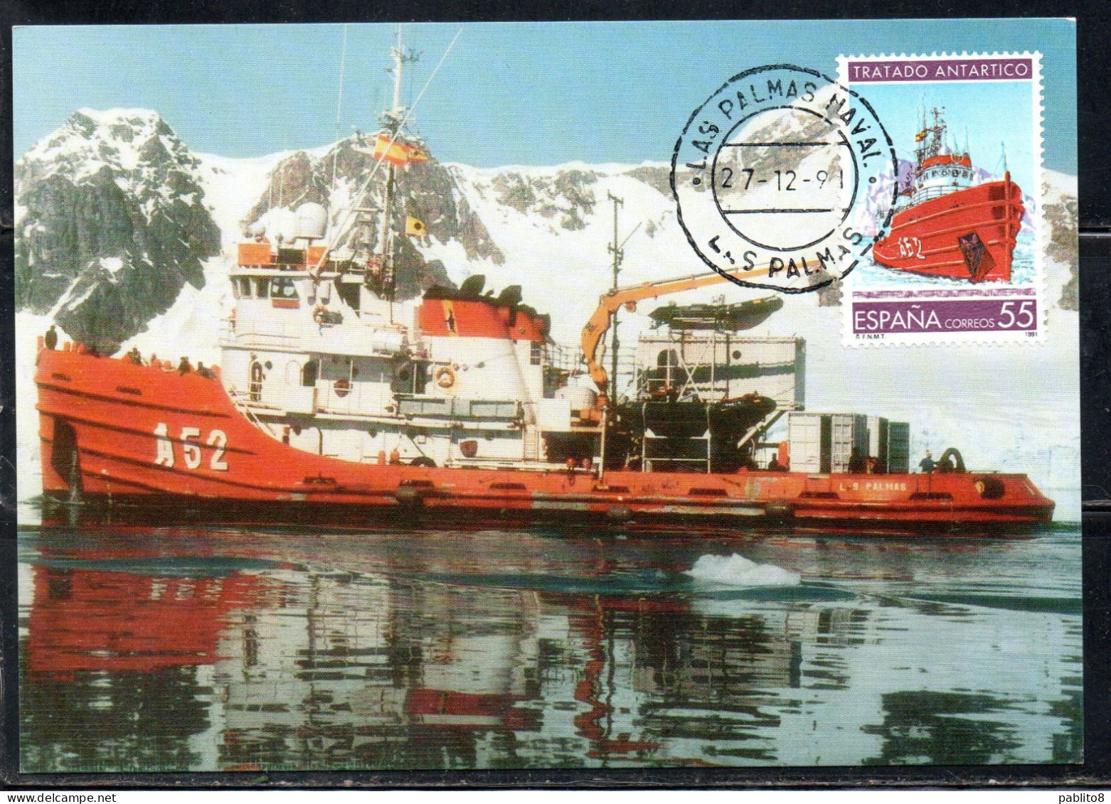 SPAIN ESPAÑA SPAGNA 1991 ANTARCTIC TREATY RESEARCH SHIP 55p MAXI MAXIMUM CARD CARTE - Maximum Kaarten