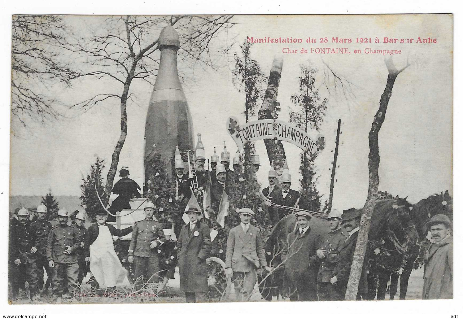 CPA MANIFESTATION DU 28 MARS 1921 ( FETES DU CHAMPAGNE ) A BAR SUR AUBE, CHAR DE FONTAINE, AUBE 10 - Bar-sur-Aube