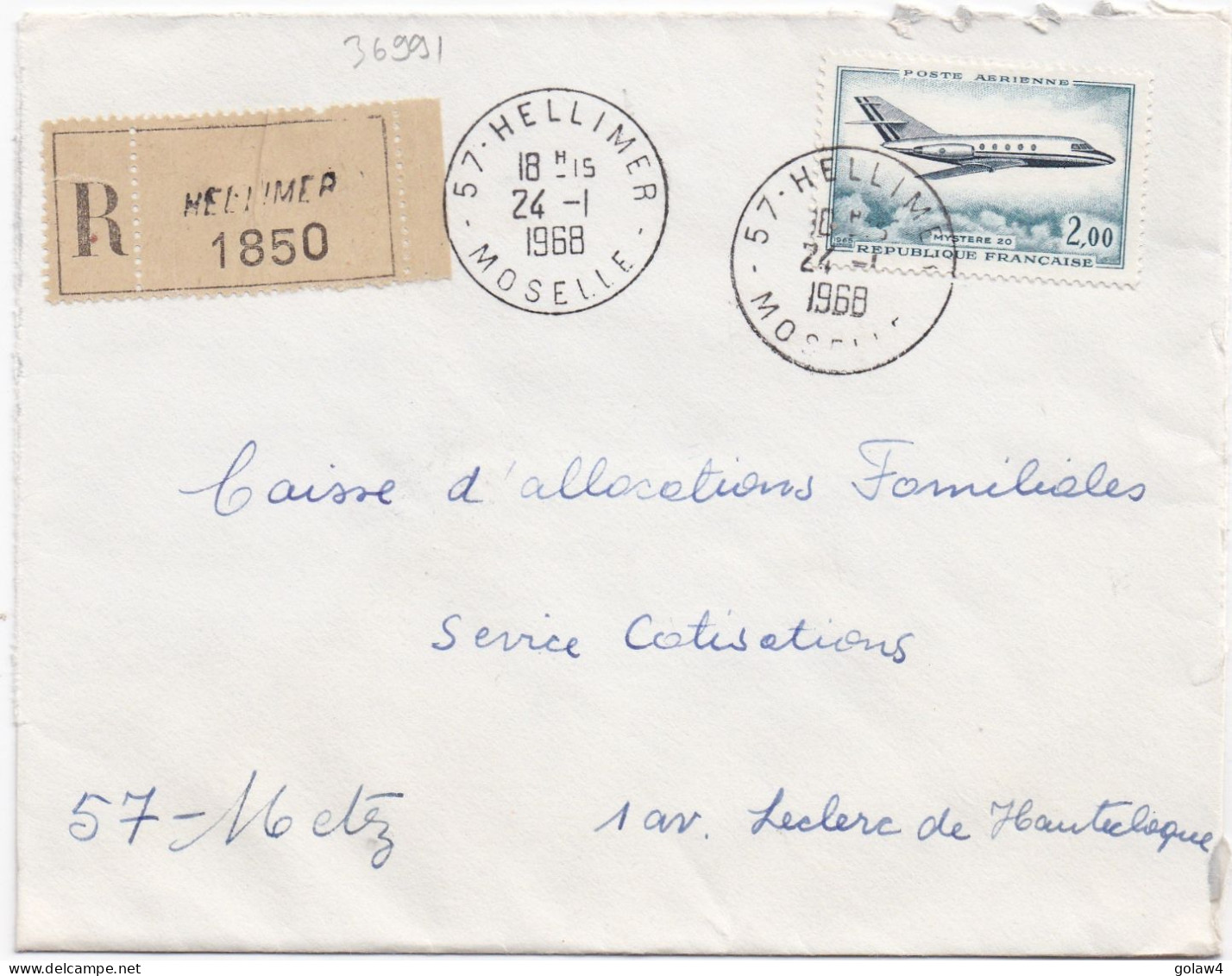 36991# LETTRE FRANCHISE PARTIELLE RECOMMANDE Obl HELLIMER MOSELLE 1968 Pour METZ 57 - Briefe U. Dokumente