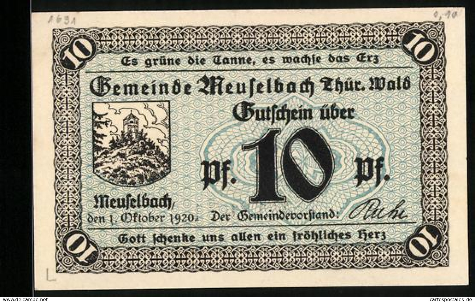 Notgeld Meuselbach /Thür. Wald 1920, 10 Pfennig, Aussichtsturm Auf Dem Berg  - [11] Emisiones Locales