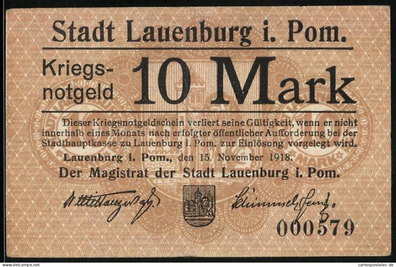 Notgeld Lauenburg I. Pom. 1918, 10 Mark, Kontroll-Nr. 000579  - [11] Emisiones Locales