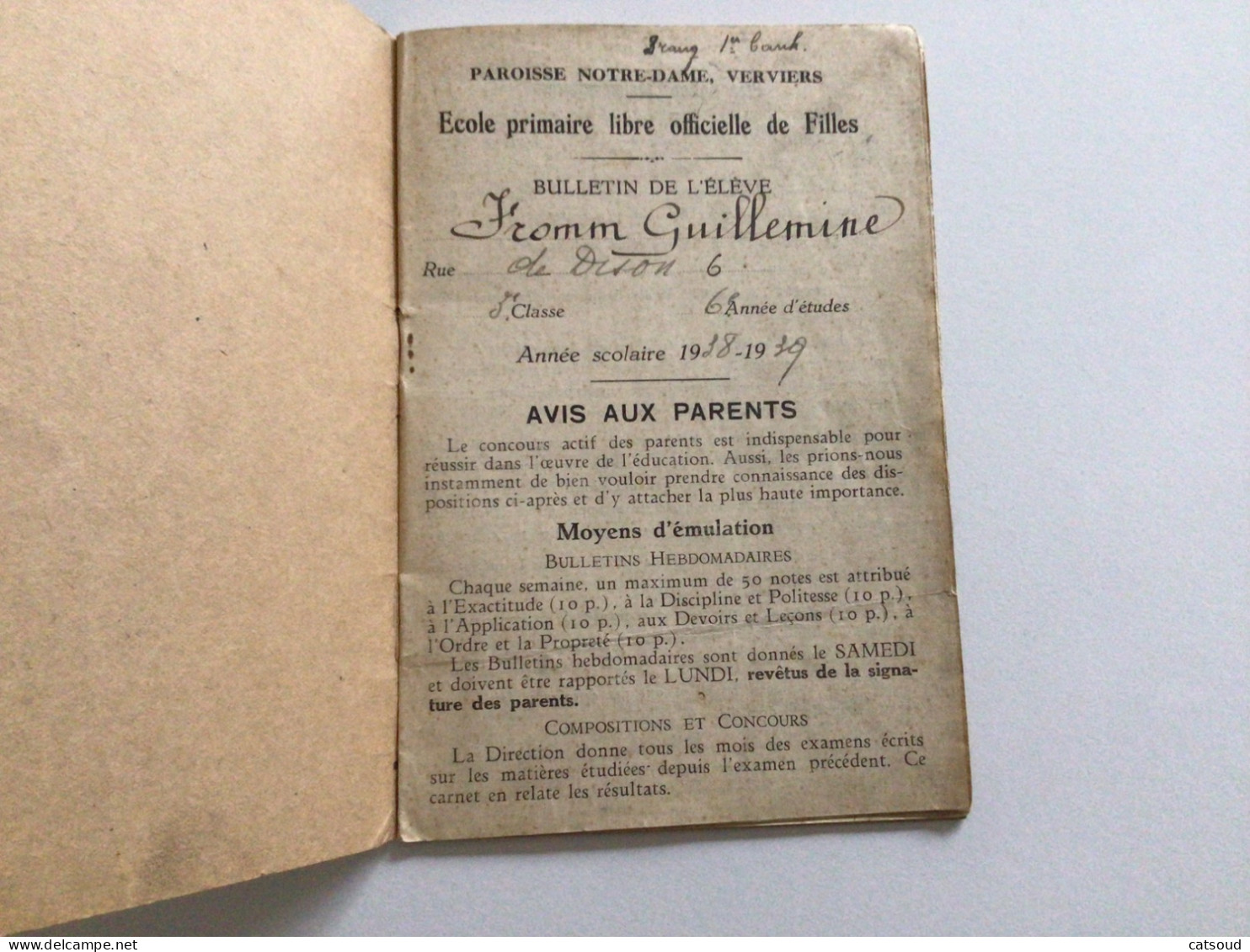 Ancien Document Commercial (1938-1939) Verviers Livret De Classe École Notre-Dame Guillemine FROMM - Diplômes & Bulletins Scolaires