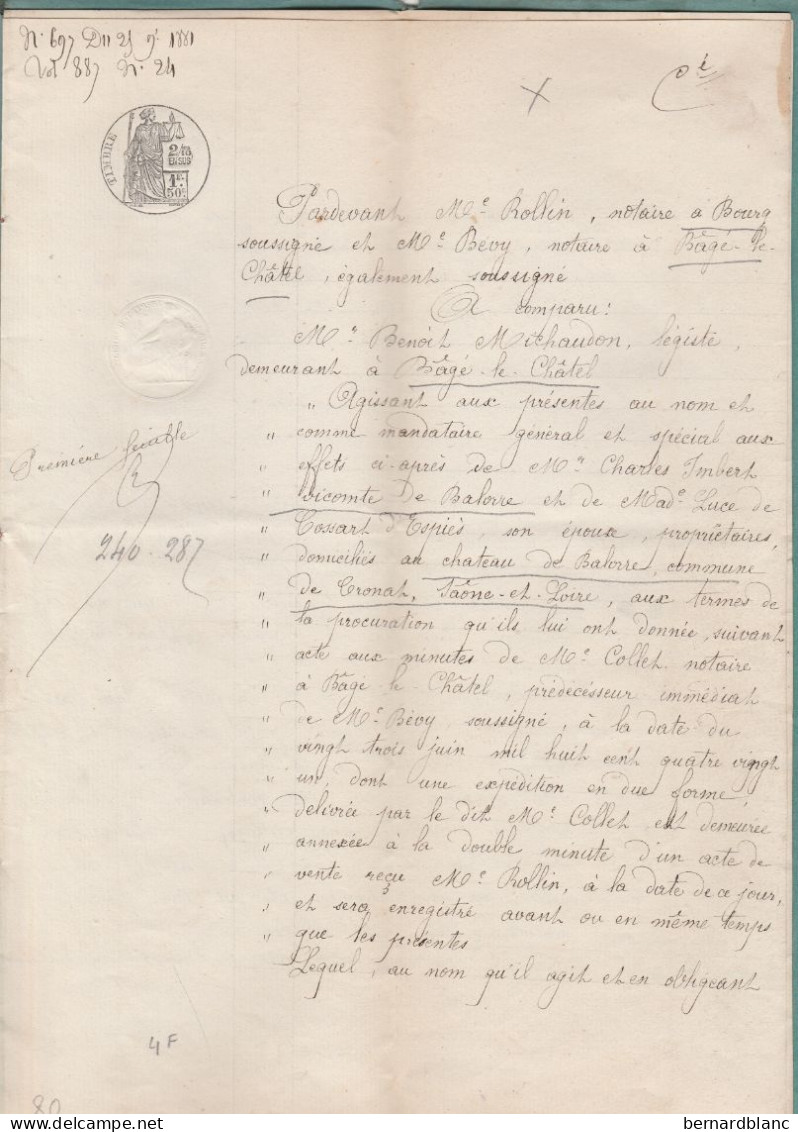 VP 4 FEUILLES - 1884 - VENTE - BOURG - BAGE LE CHATEL - VICOMTE DE BALORE A CRONAT - ST DENIS - COMTE CHARLES DE COSSART - Manuscrits