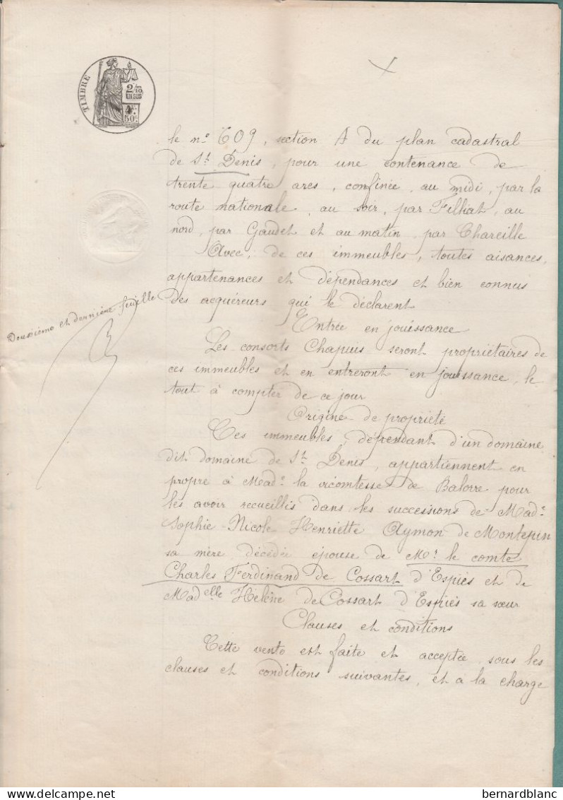 VP 4 FEUILLES - 1884 - VENTE - BOURG - BAGE LE CHATEL - VICOMTE DE BALORE A CRONAT - ST DENIS - COMTE CHARLES DE COSSART - Manuscripten