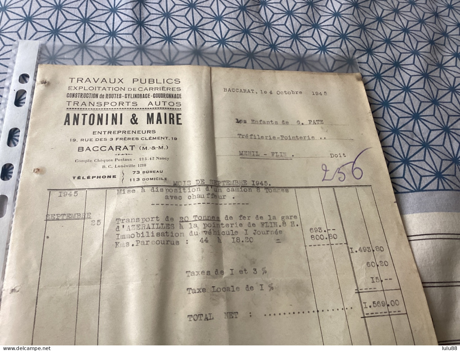 ️ BACCARAT  Travaux Publics ANTONINI   Année 1945 - Baccarat