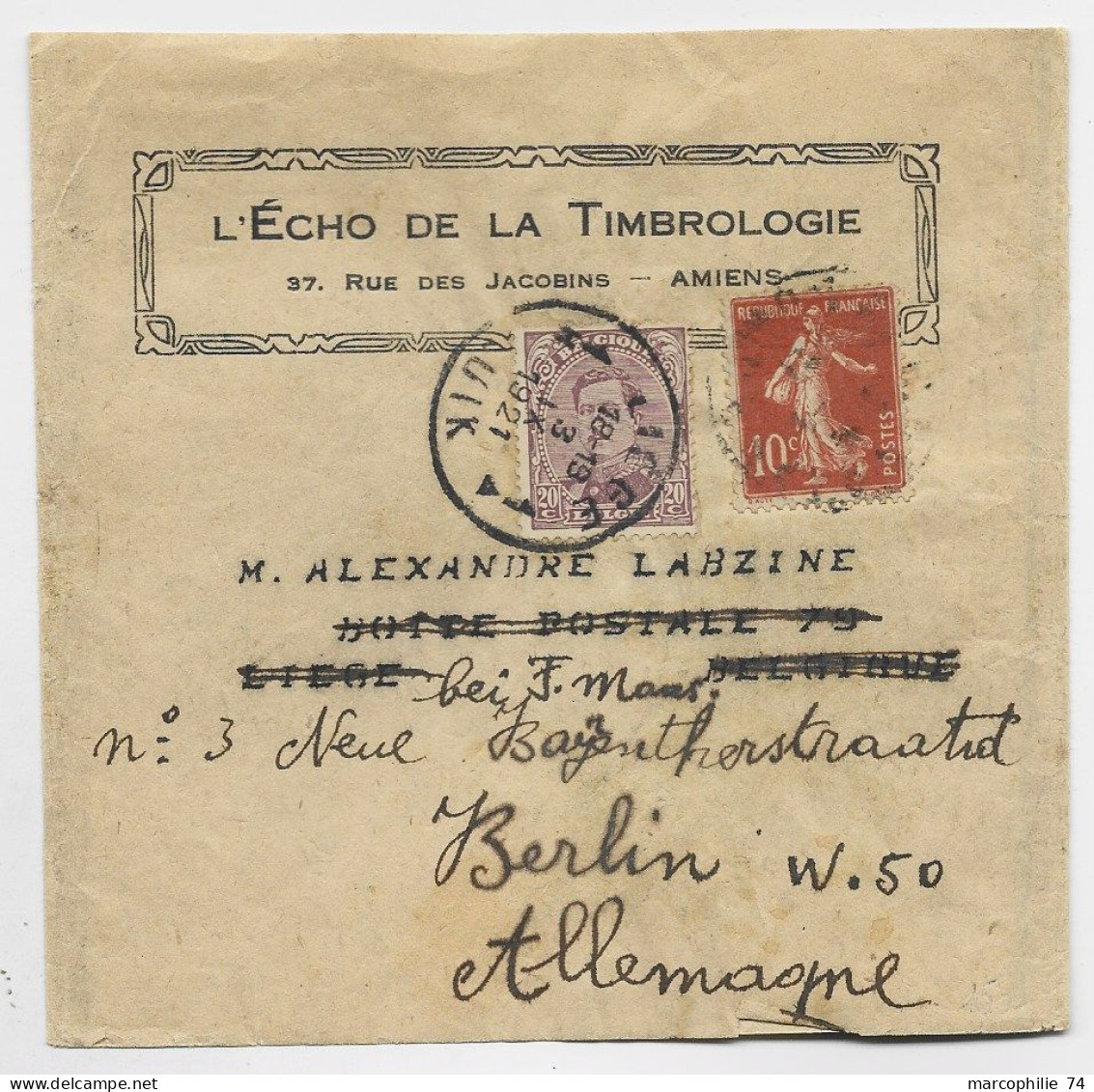 FRANCE SEMEUSE 10C SEUL BANDE COMPLETE AMIENS 1921 POUR BELGIQUE REEX BELGE 20C LIEGE LUIK TO GERMANY - 1906-38 Semeuse Con Cameo