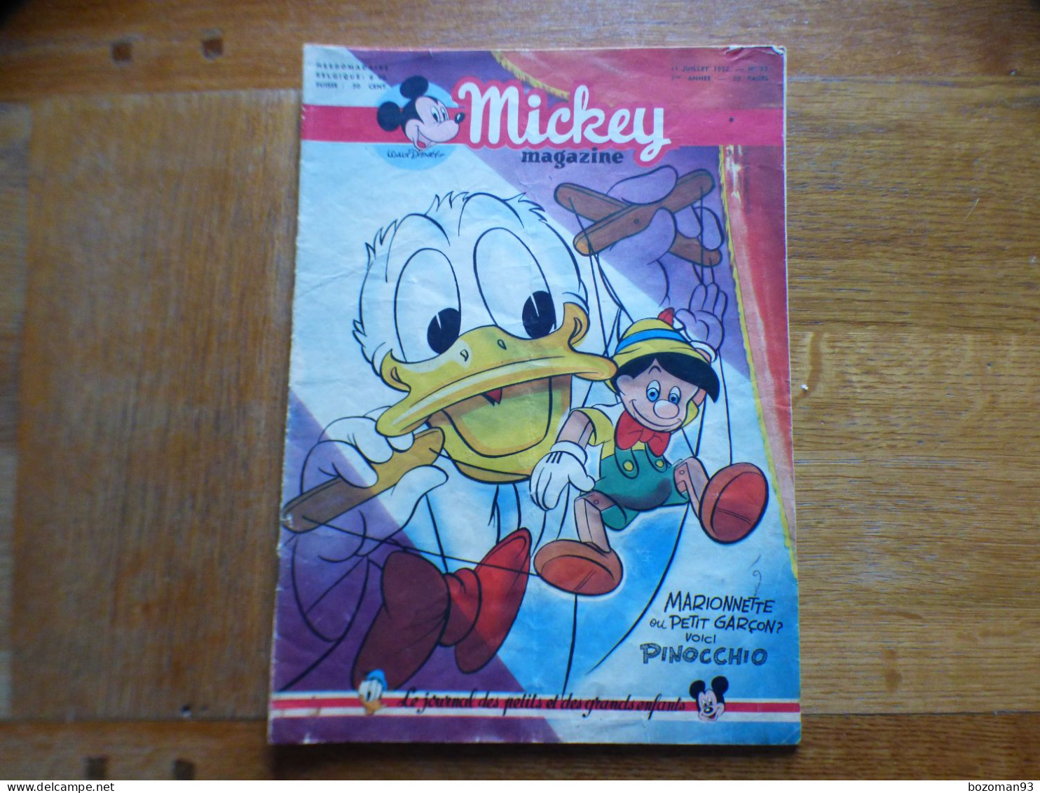 JOURNAL MICKEY BELGE  N° 92  Du 11/07/1952 COVER  DONALD ET PINOCCHIO - Journal De Mickey