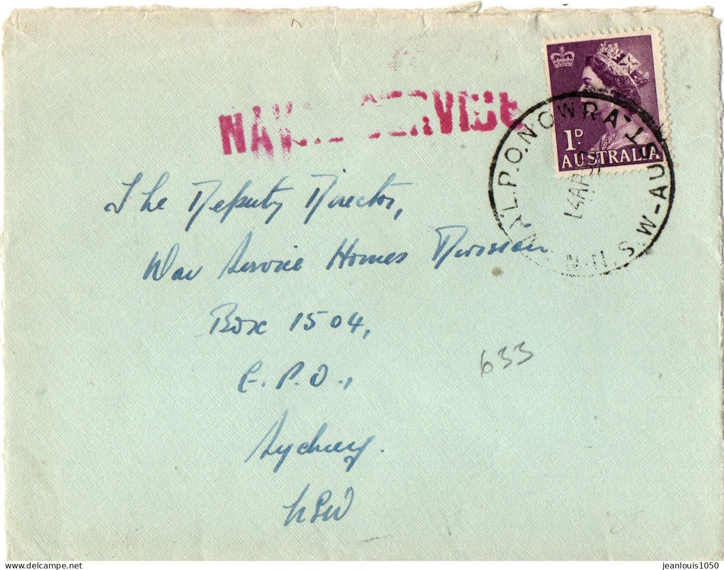 AUSTRALIE YT N°196 SEUL SUR LETTRE MILITAIRE OBLITERE  POUR SYDNEY GRIFFE SERVICE MARINE - Brieven En Documenten