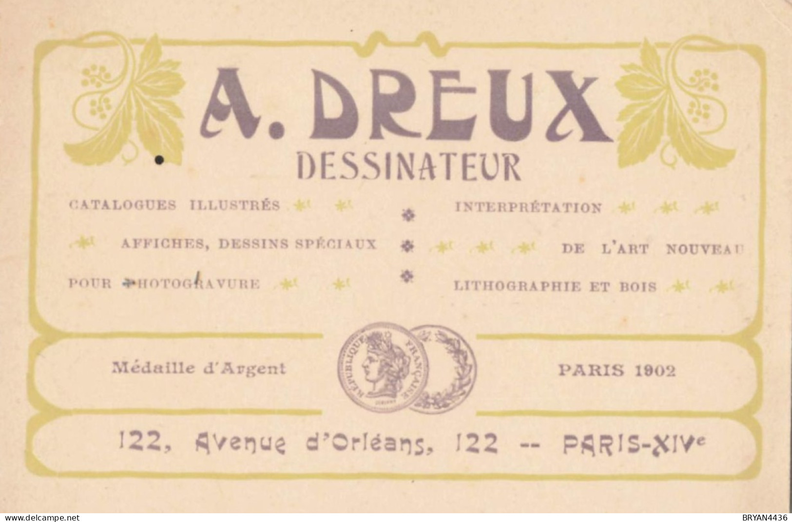 PARIS - 14 ème - DESSINATEUR  - A. DREUX - 122, AVENUE D' ORLEANS - CARTE COMMERCIALE ANCIENNE ART NOUVEAU - (8x12cm) - Paris (14)