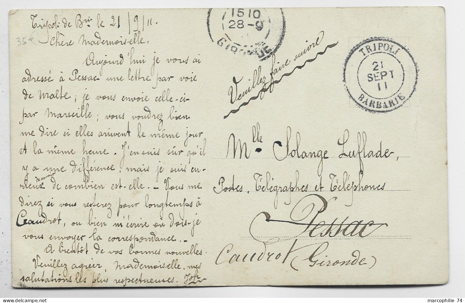 FRANCE SEMEUSE 10C AU RECTO CARTE FANTAISIE C. PERLE TRIPOLI 21 SEPT 1911 BARBARIE - 1906-38 Sower - Cameo