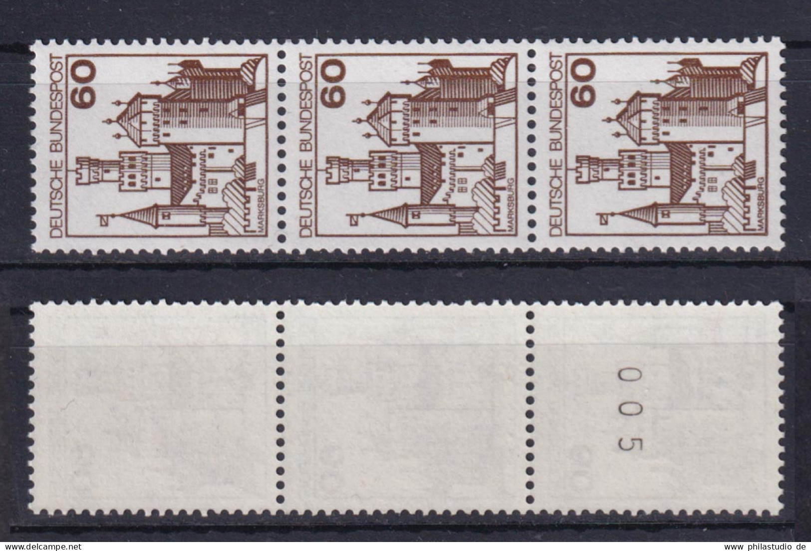 Bund 917 RM 3er Streifen Mit Nr. 005 Burgen+Schlösser 60 Pf Postfrisch - Roulettes