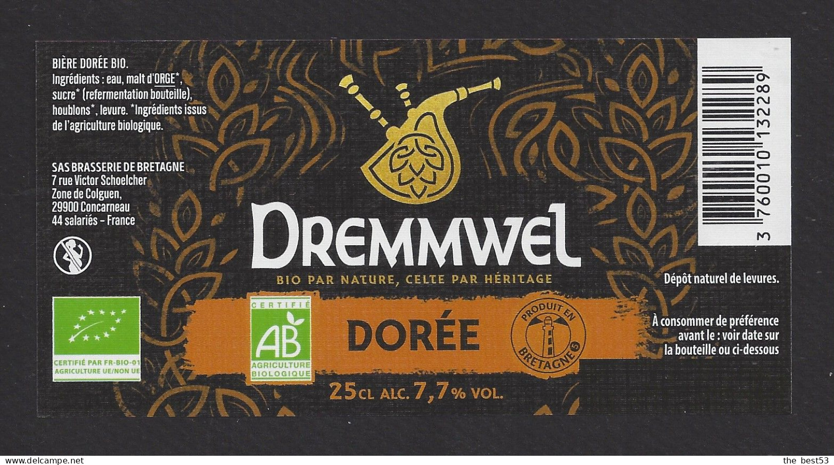 Etiquette De Bière Dorée  -  Dremmwel  -  Brasserie De Bretagne à Coucarneau  (29) - Birra