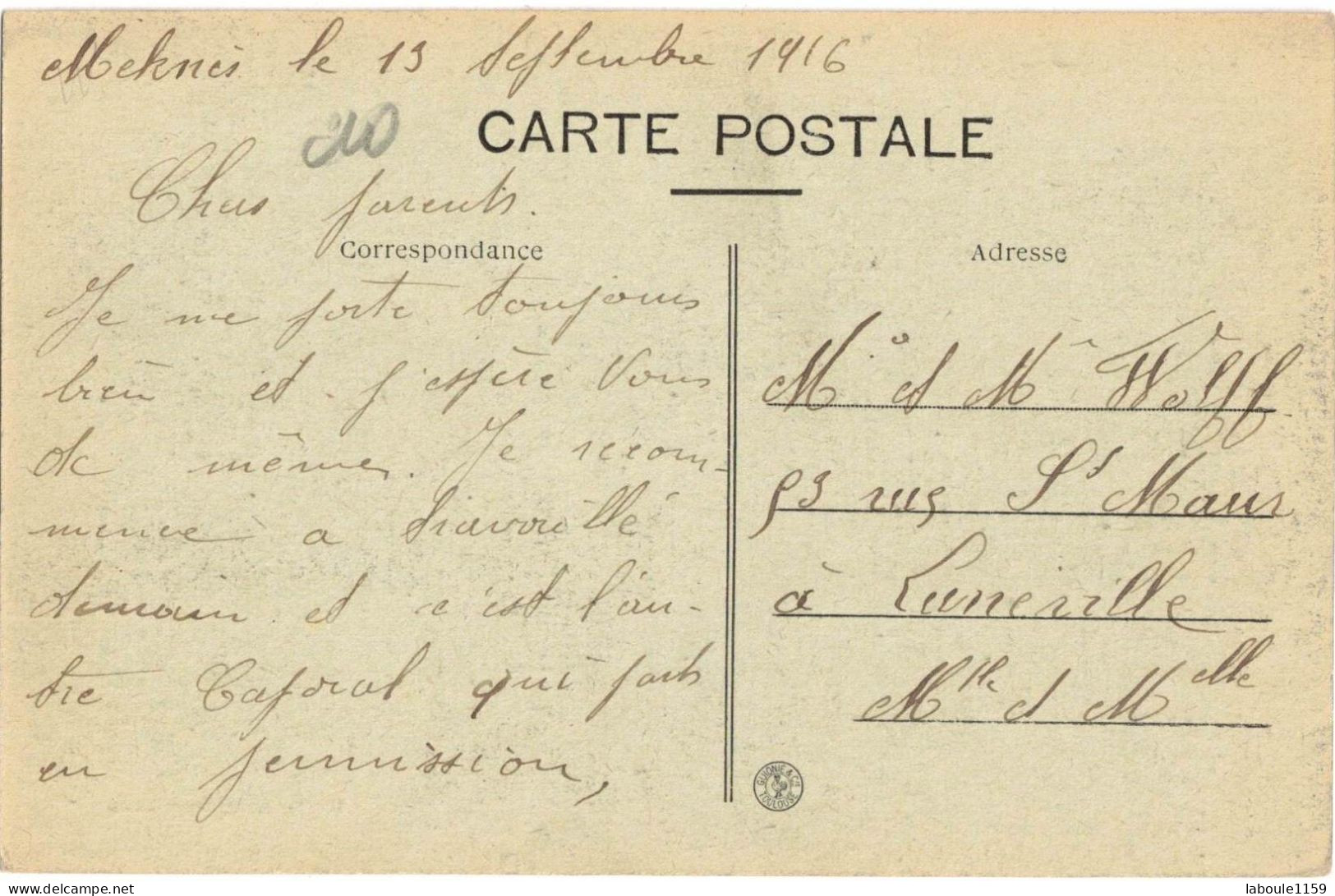 AFRIQUE DU NORD MAGHREB MAROC : CHAMELIER - EDITION MAILLE CASABLANCA - CIRCULEE DE MEKNES VERS LUNEVILLE - Autres & Non Classés