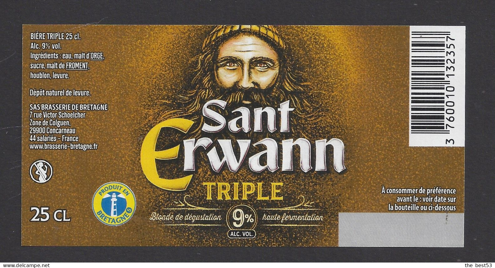 Etiquette De Bière Triple  -  Sant Erwann  -  Brasserie De Bretagne à Coucarneau  (29) - Birra