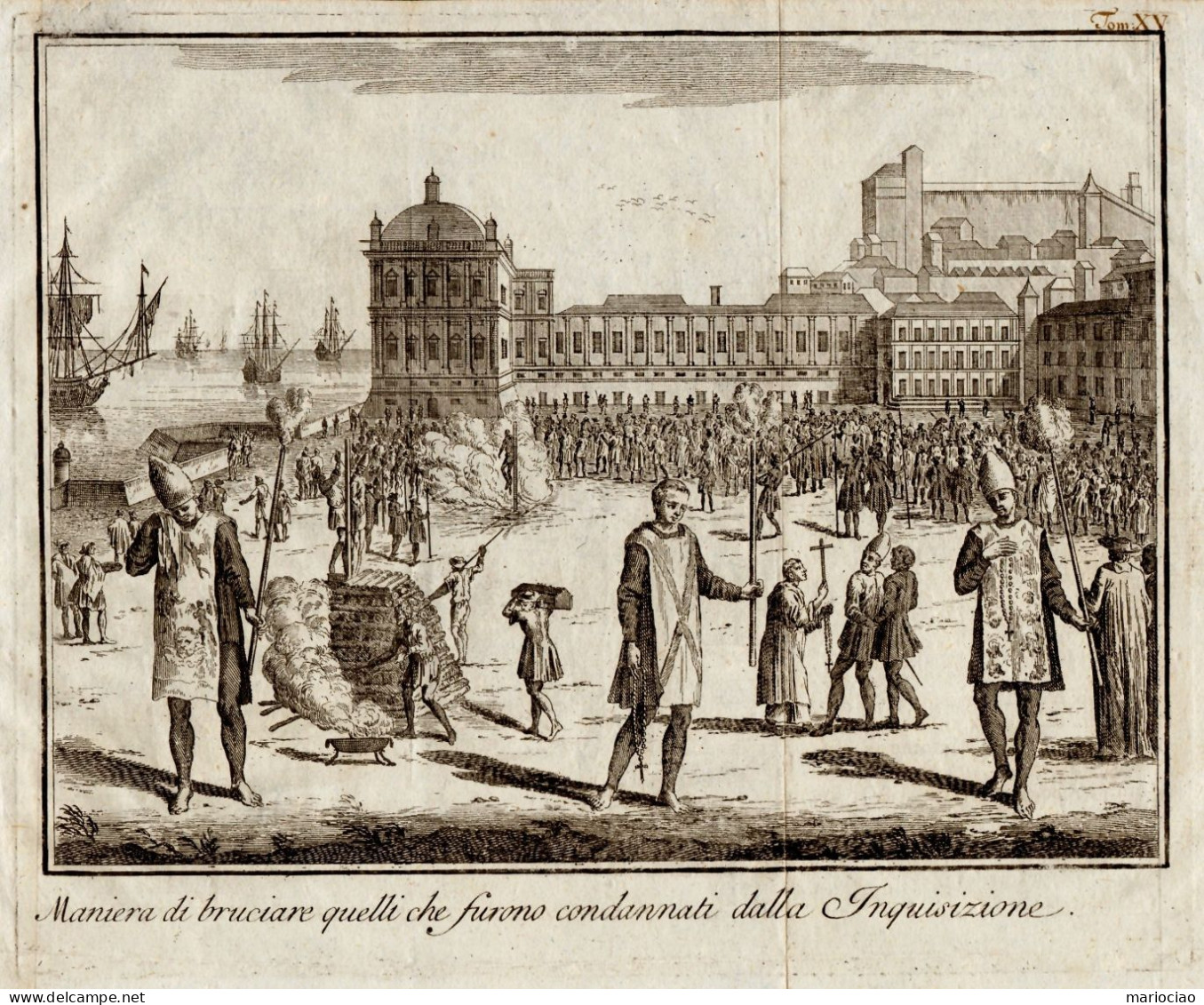 ST-IT Maniera Di Bruciare Quelli Che Furono Condannati Dalla Inquisizione (Spagnola) SALMON 1745 - Prenten & Gravure